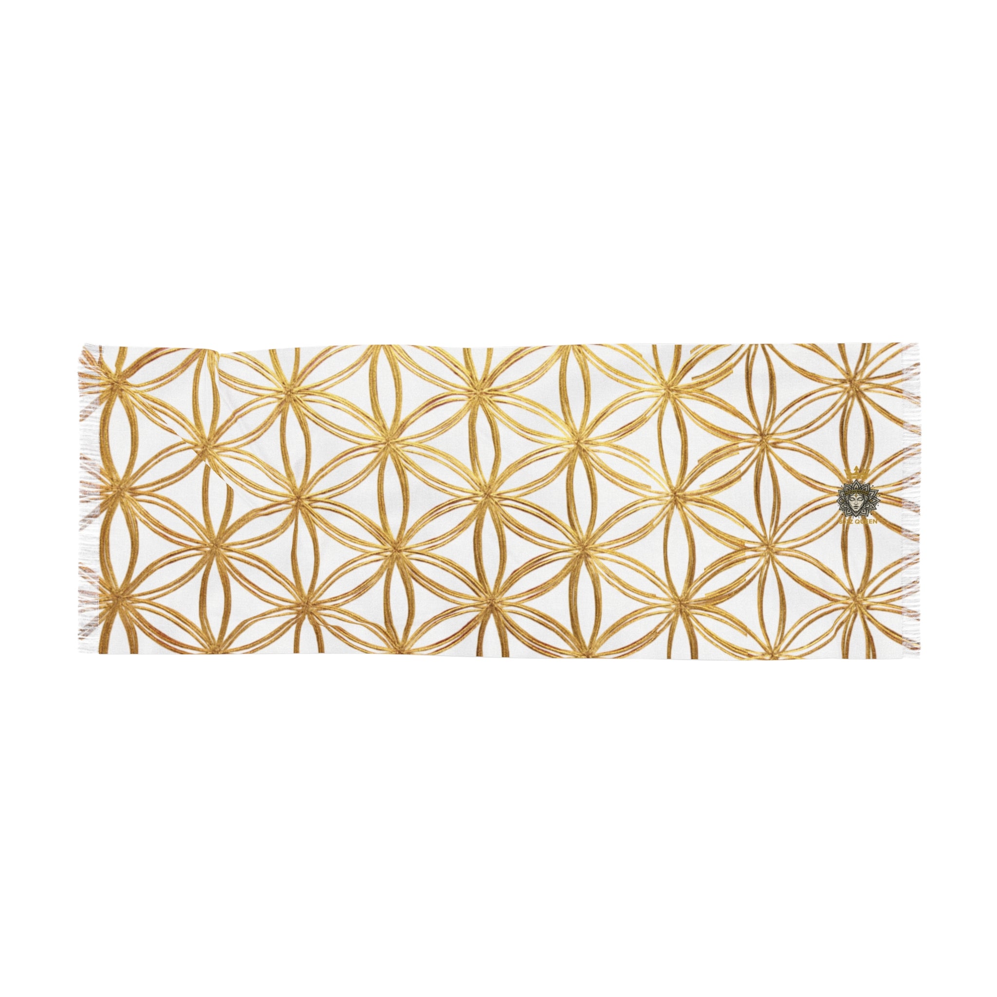 Bozz Queen Flower of Life Scarf - White & Gold Elegant Lightweight Poly Scarf