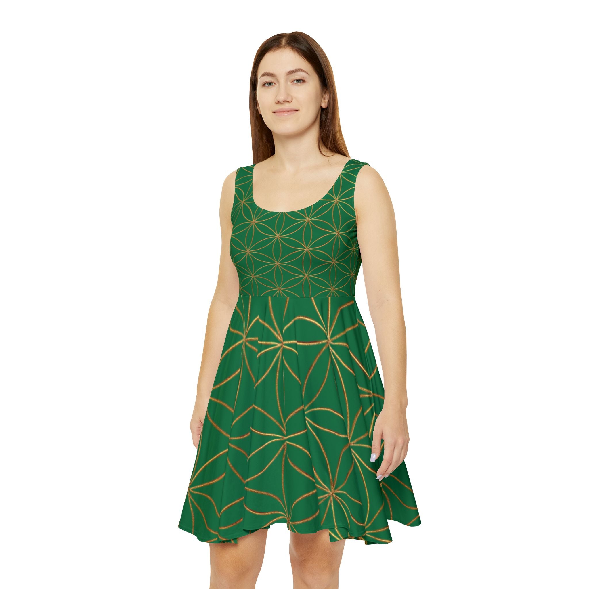 Dark Green Flower of Life Skater Dress - Women's Floral Gold Print Summer Dress