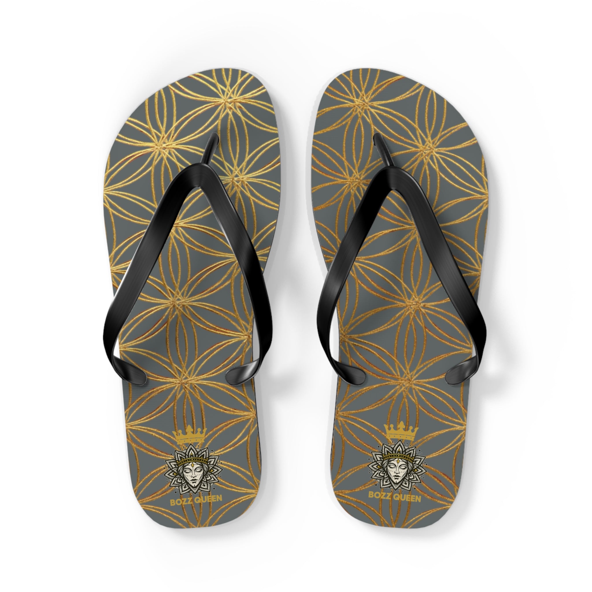 Bozz Queen Dark Grey & Gold Flower of Life Flip Flops - Elegant Beach Sandals