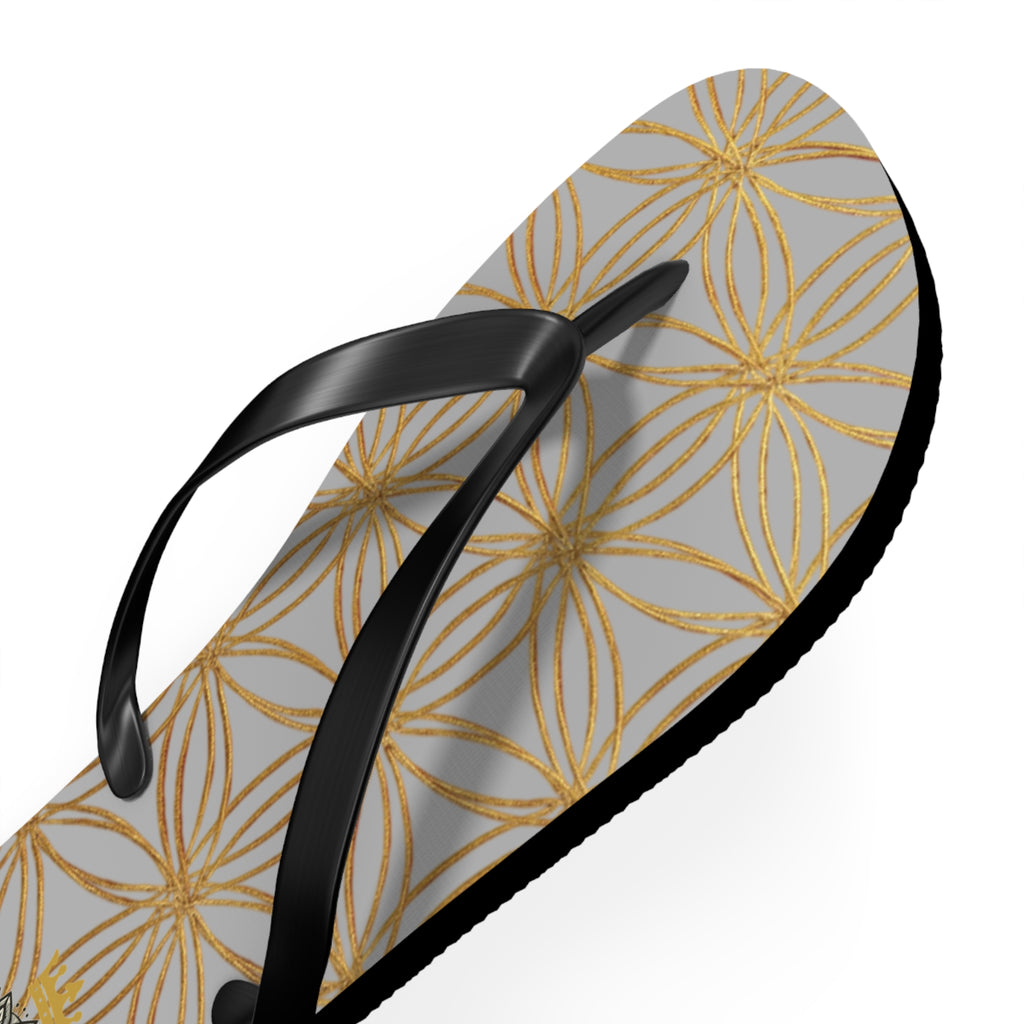 Bozz Queen Light Grey & Gold Flower of Life Flip Flops - Elegant Beach Sandals