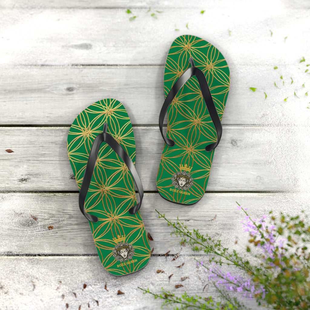 Bozz Queen Dark Green & Gold Flower of Life Flip Flops - Elegant Beach Sandals