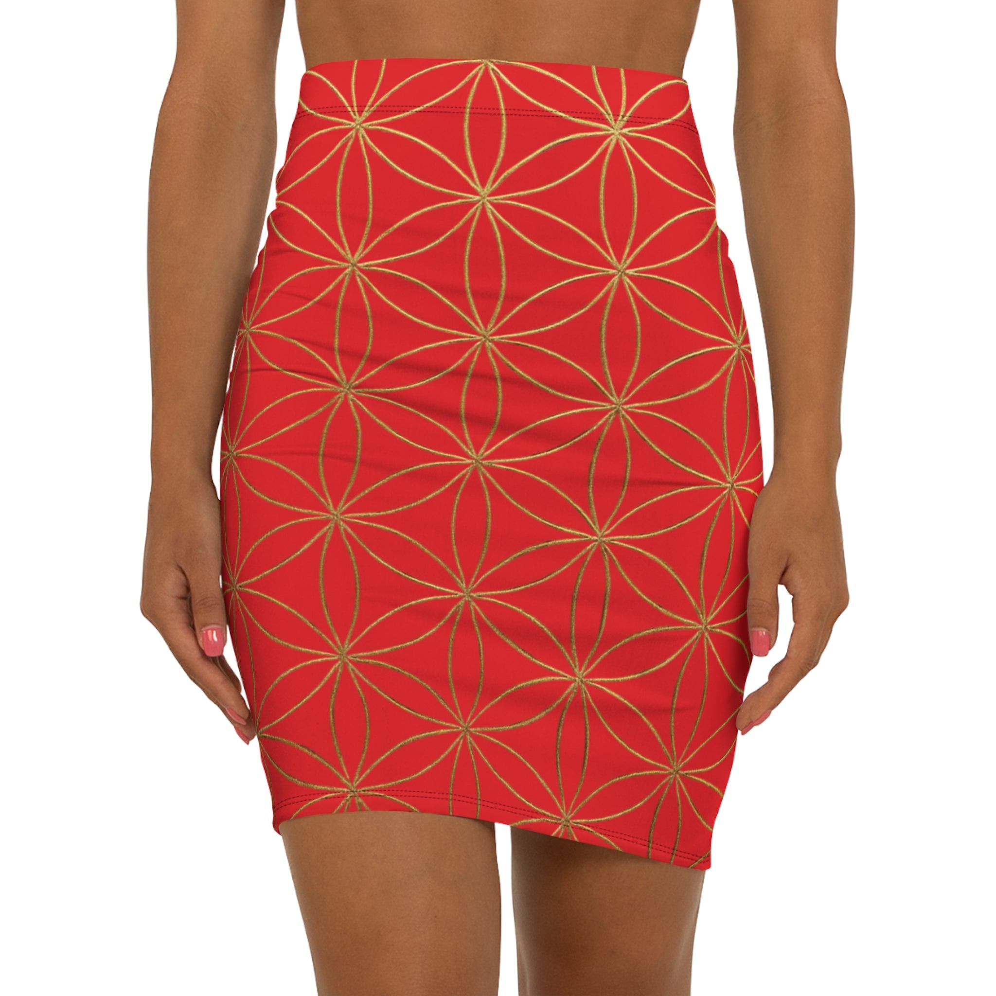 Red Flower of Life Pencil Skirt - Women's Chic Office & Date Night Skirt
