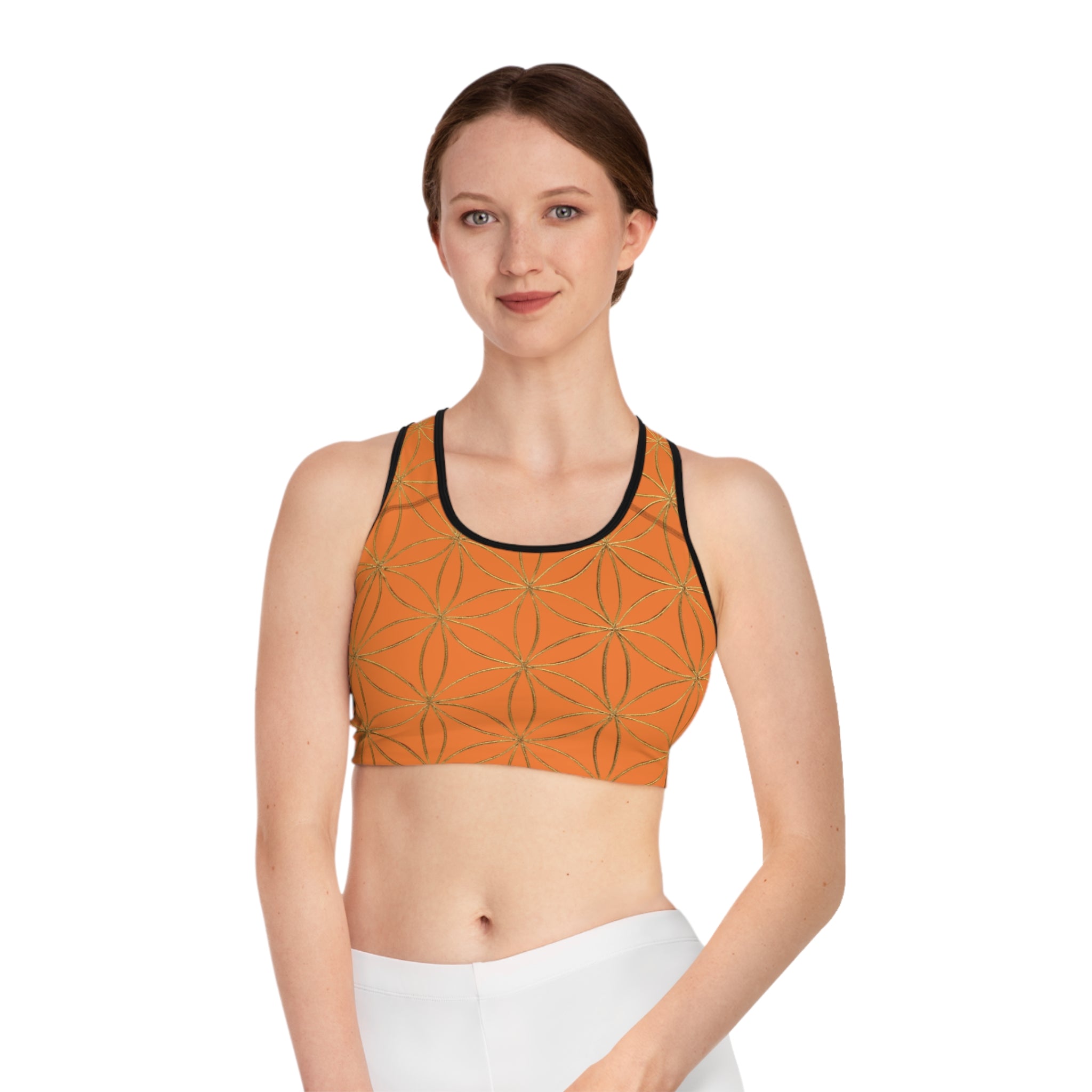 Bozz Queen Light Orange & Gold Flower of Life Sports Bra - Yoga Workout Top