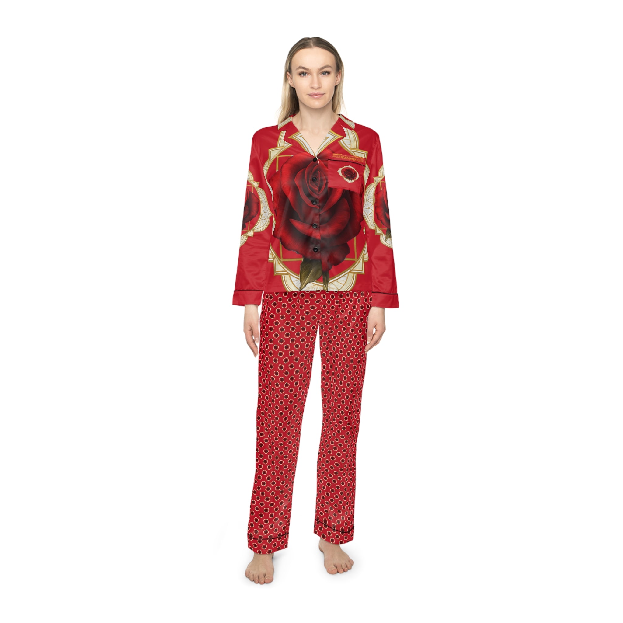 Root Chakra Rose Print Satin Pajamas Set - Luxurious Women's Sleepwear Gift