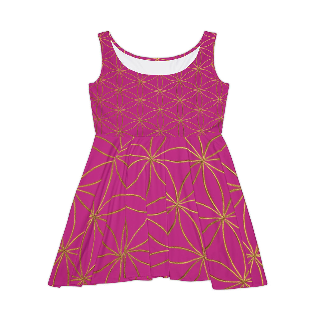 Pink Flower of Life Skater Dress - Women's Floral Gold Print Summer Dress
