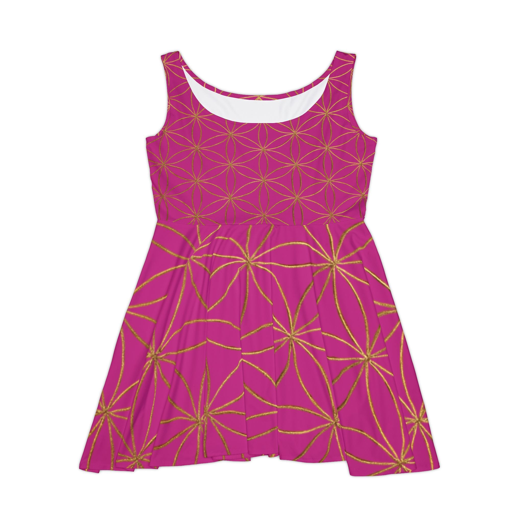 Pink Flower of Life Skater Dress - Women's Floral Gold Print Summer Dress
