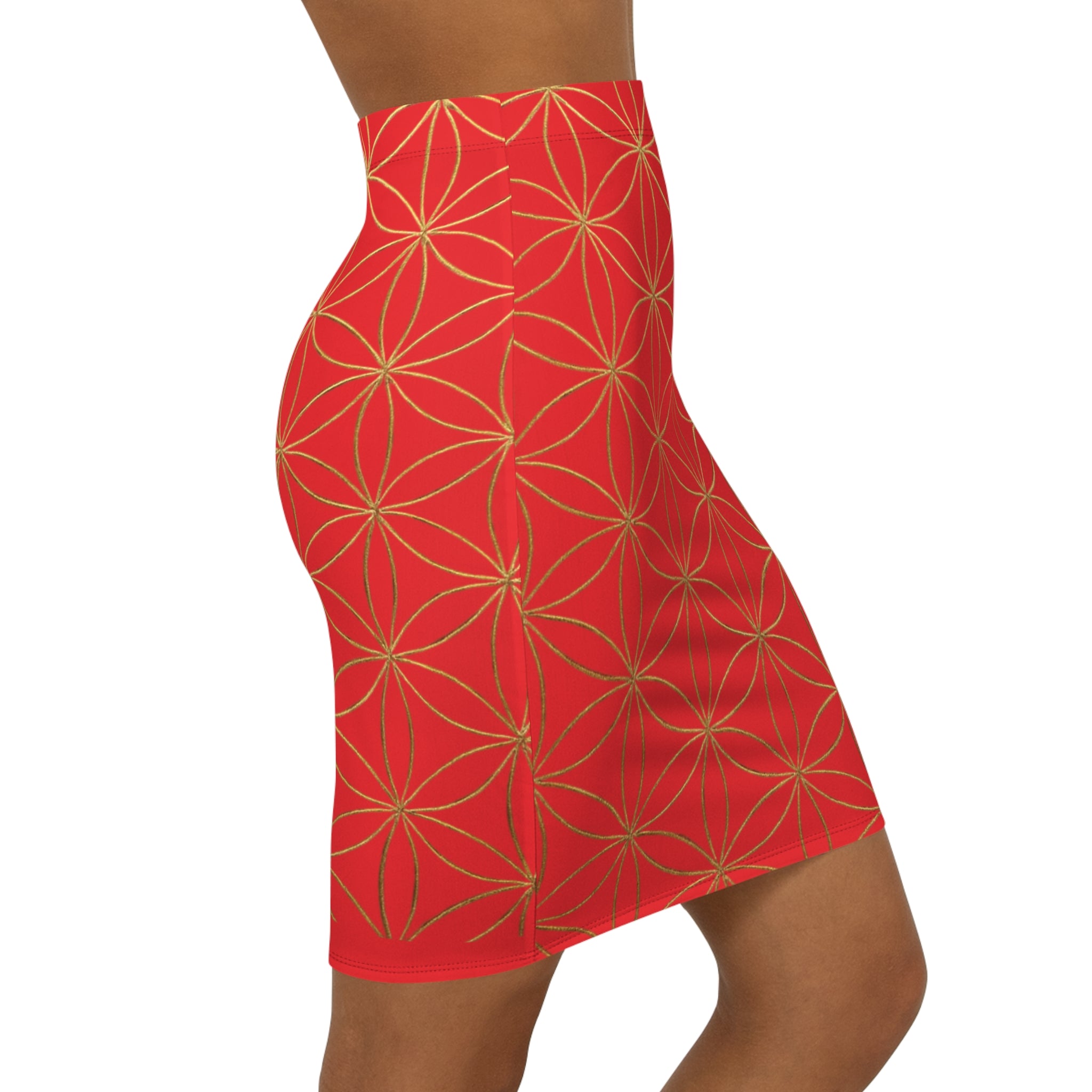 Red Flower of Life Pencil Skirt - Women's Chic Office & Date Night Skirt