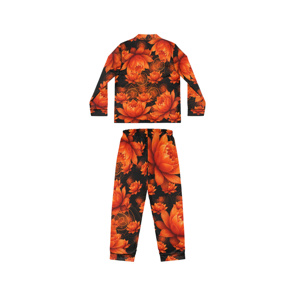 Orange Sacral Chakra Floral Satin Pajamas Set - Luxurious Women's Sleepwear