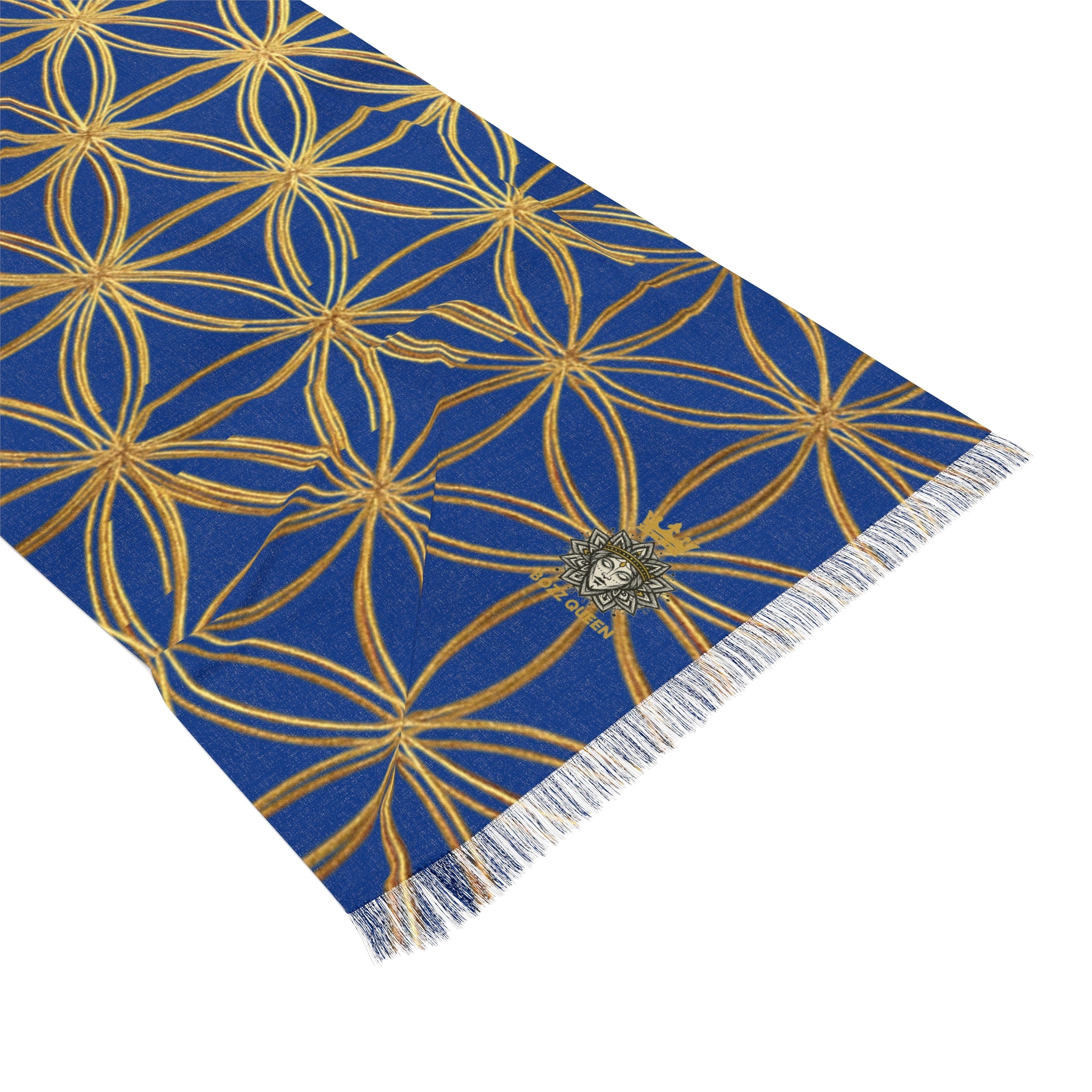 Dark Blue & Gold Flower of Life Scarf - Geometric Pattern | Bozz Queen