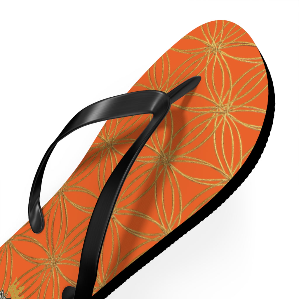 Bozz Queen Orange & Gold Flower of Life Flip Flops - Elegant Beach Sandals