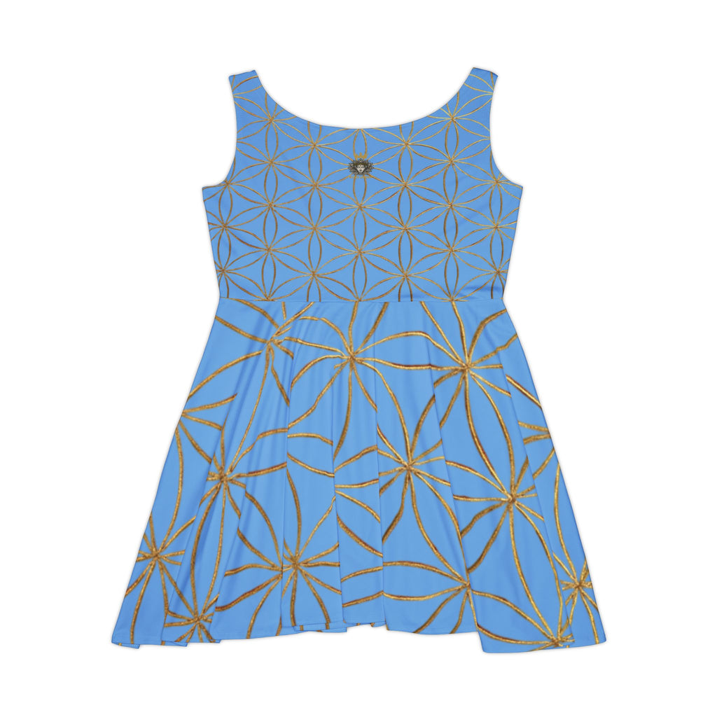 Light Blue Flower of Life Skater Dress - Women's Floral Gold Print Summer Dress