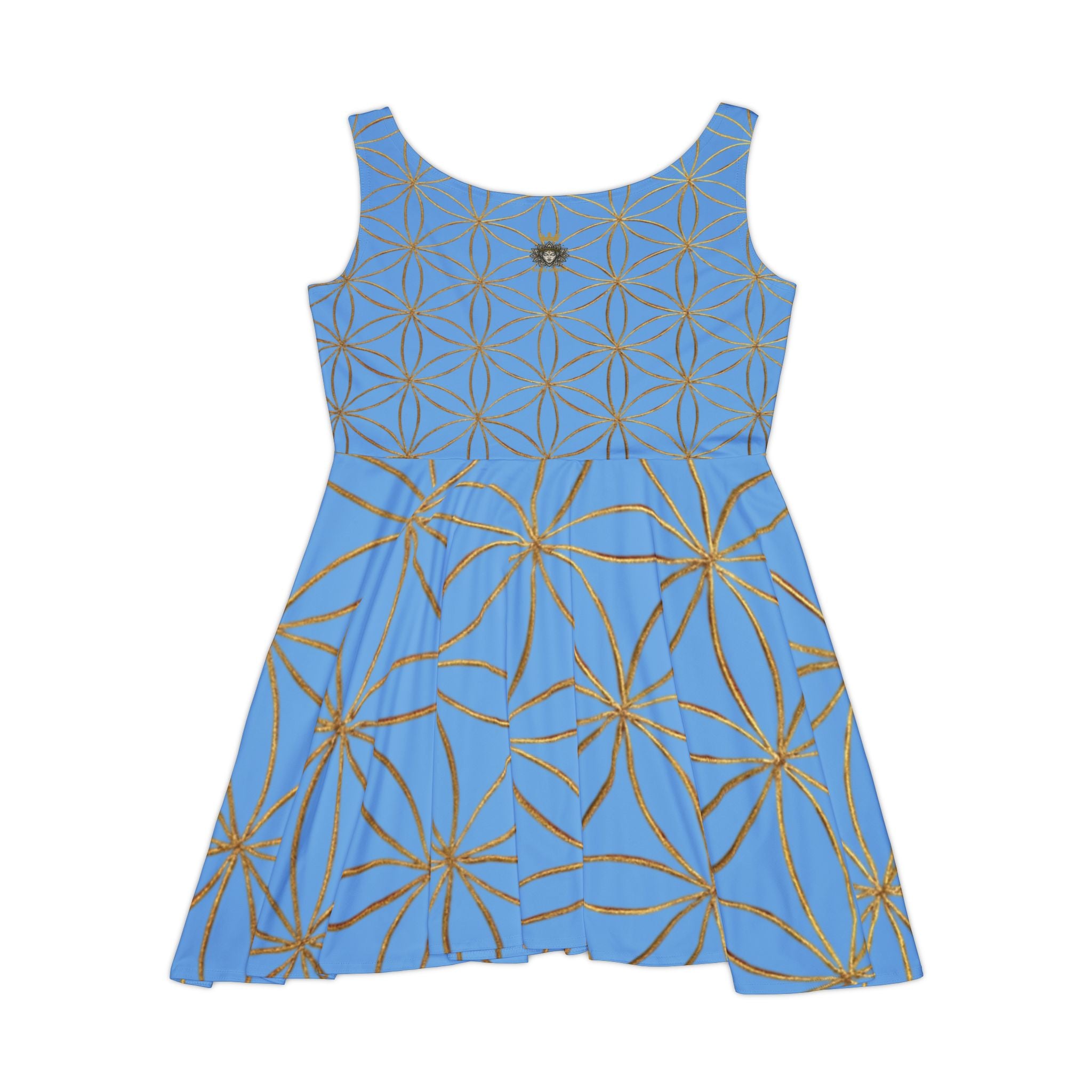 Light Blue Flower of Life Skater Dress - Women's Floral Gold Print Summer Dress