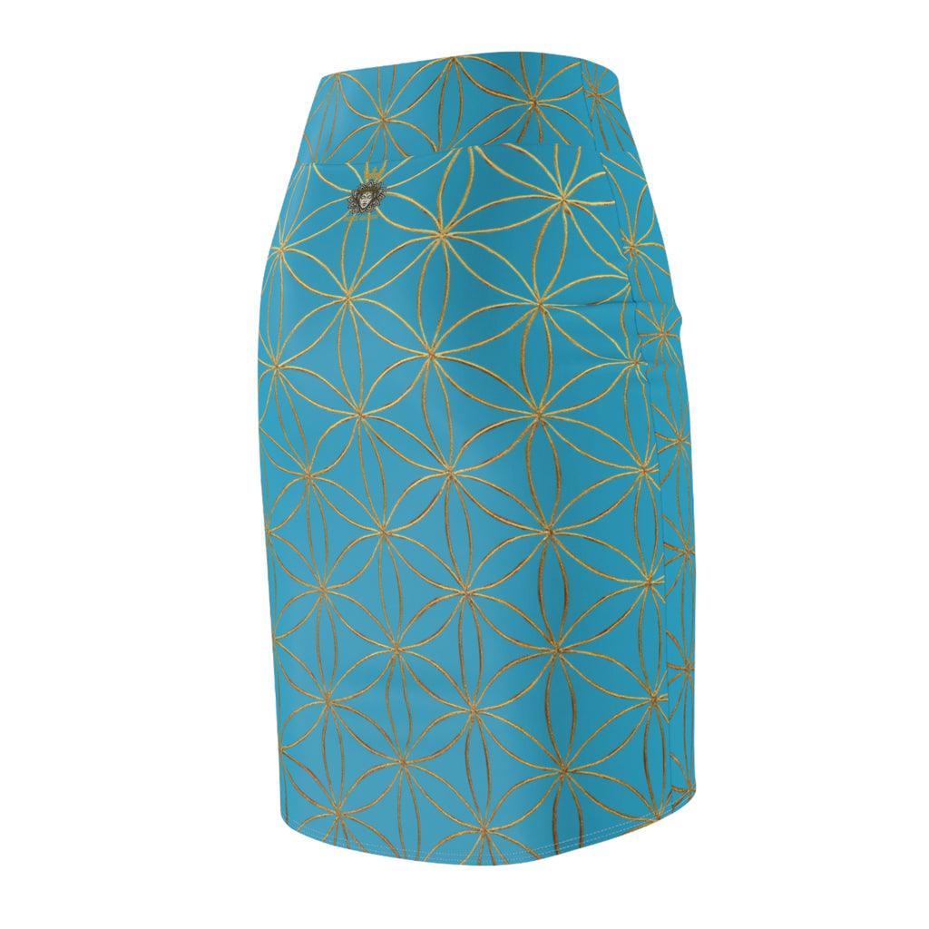 Turquoise Flower of Life Pencil Skirt - Women's Chic Office & Date Night Skirt