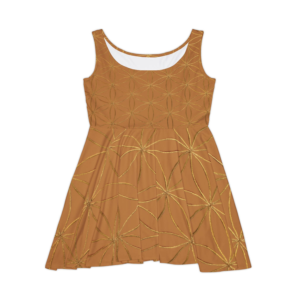 Light Brown Flower of Life Skater Dress - Women's Floral Gold Print Summer Dress