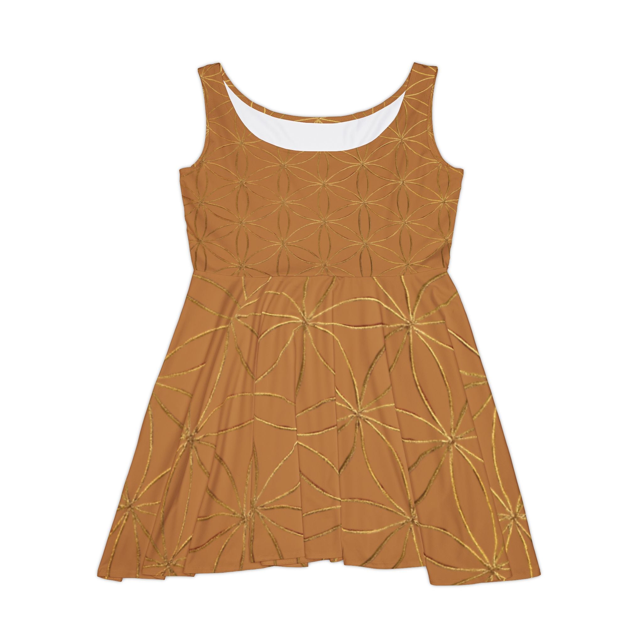 Light Brown Flower of Life Skater Dress - Women's Floral Gold Print Summer Dress