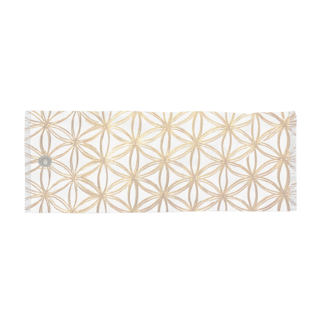 Bozz Queen Flower of Life Scarf - White & Gold Elegant Lightweight Poly Scarf