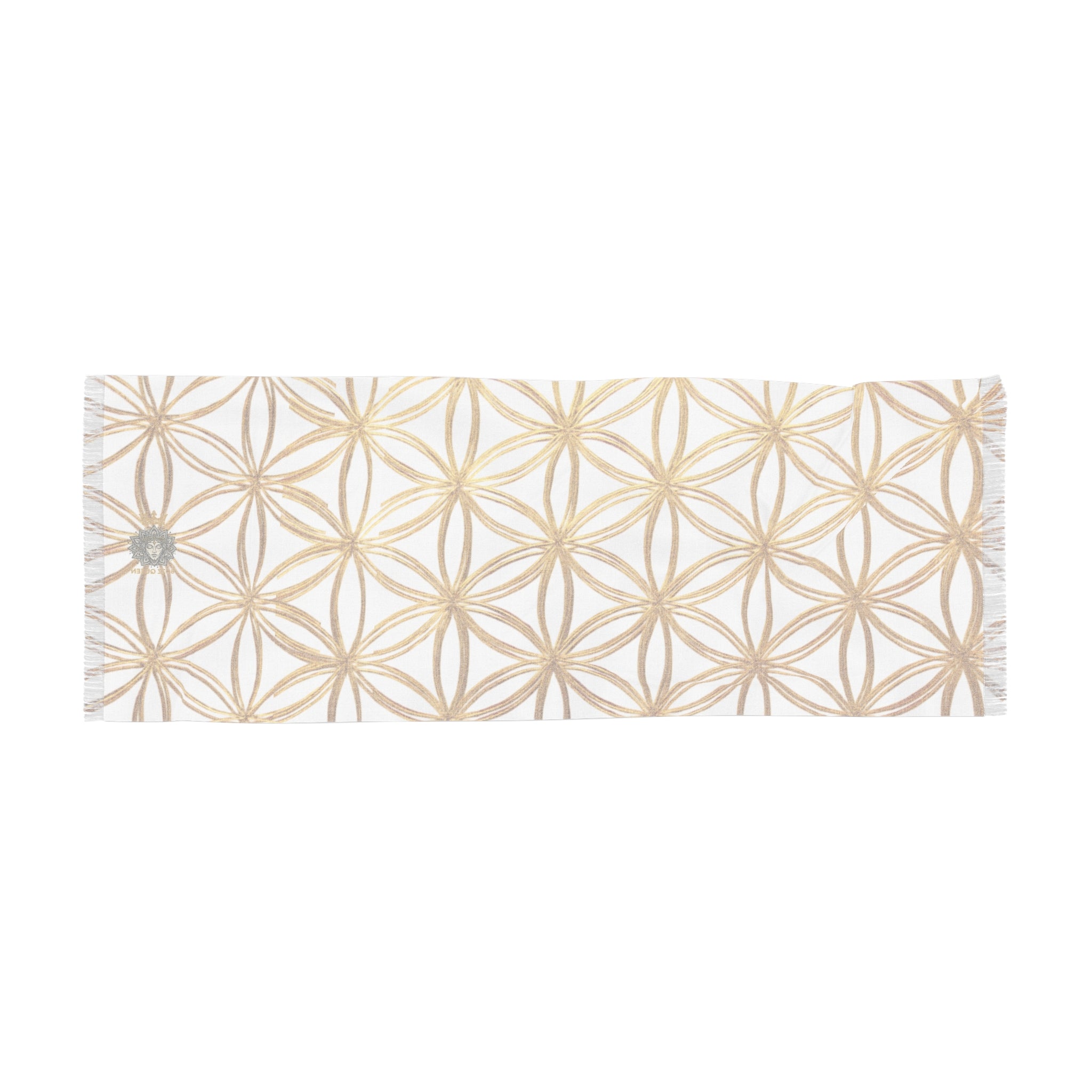 Bozz Queen Flower of Life Scarf - White & Gold Elegant Lightweight Poly Scarf