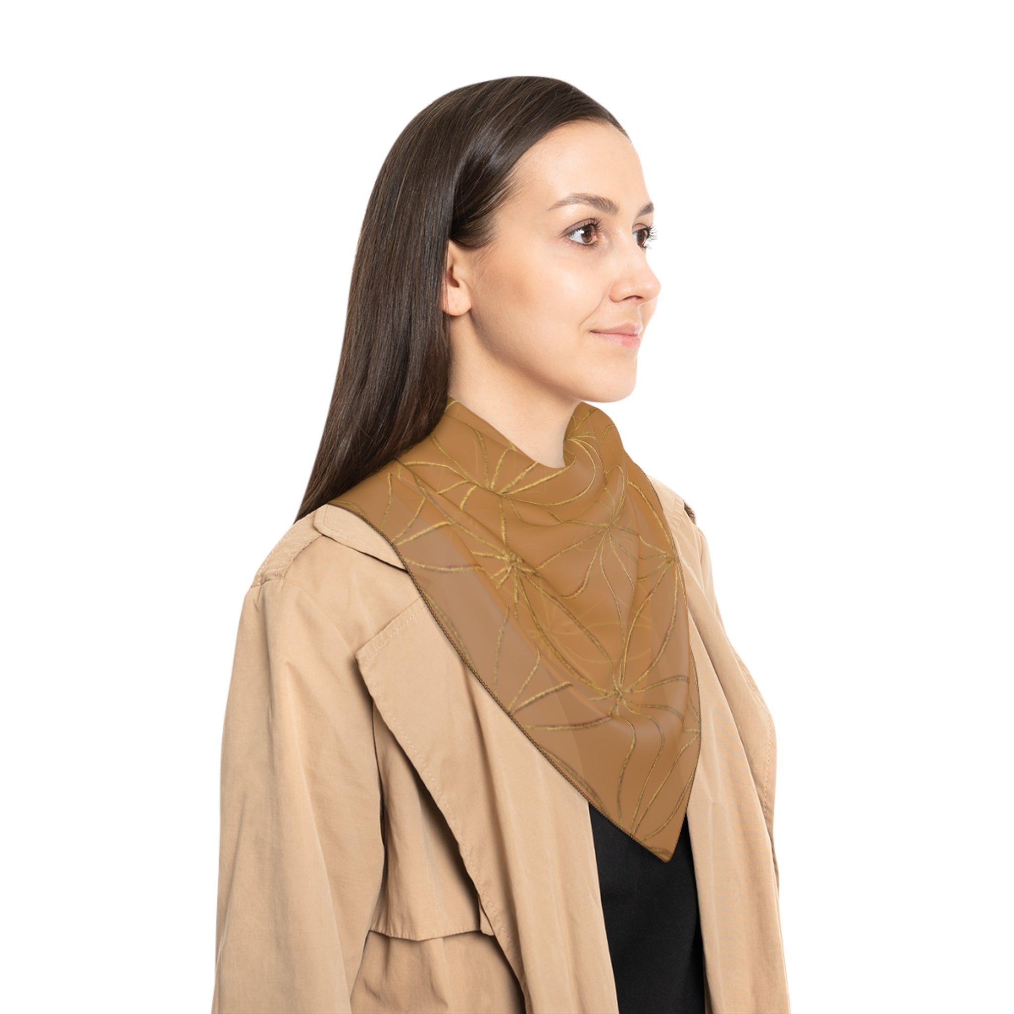 Bozz Queen Flower of Life Scarf - Light Brown & Gold Elegant Lightweight Poly Scarf