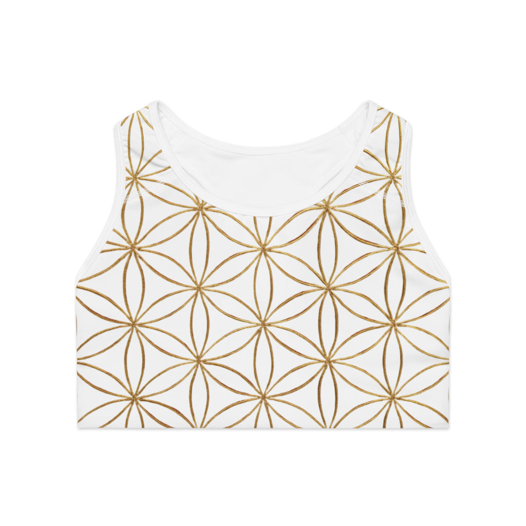 Bozz Queen White & Gold Flower of Life Sports Bra - Yoga Workout Top