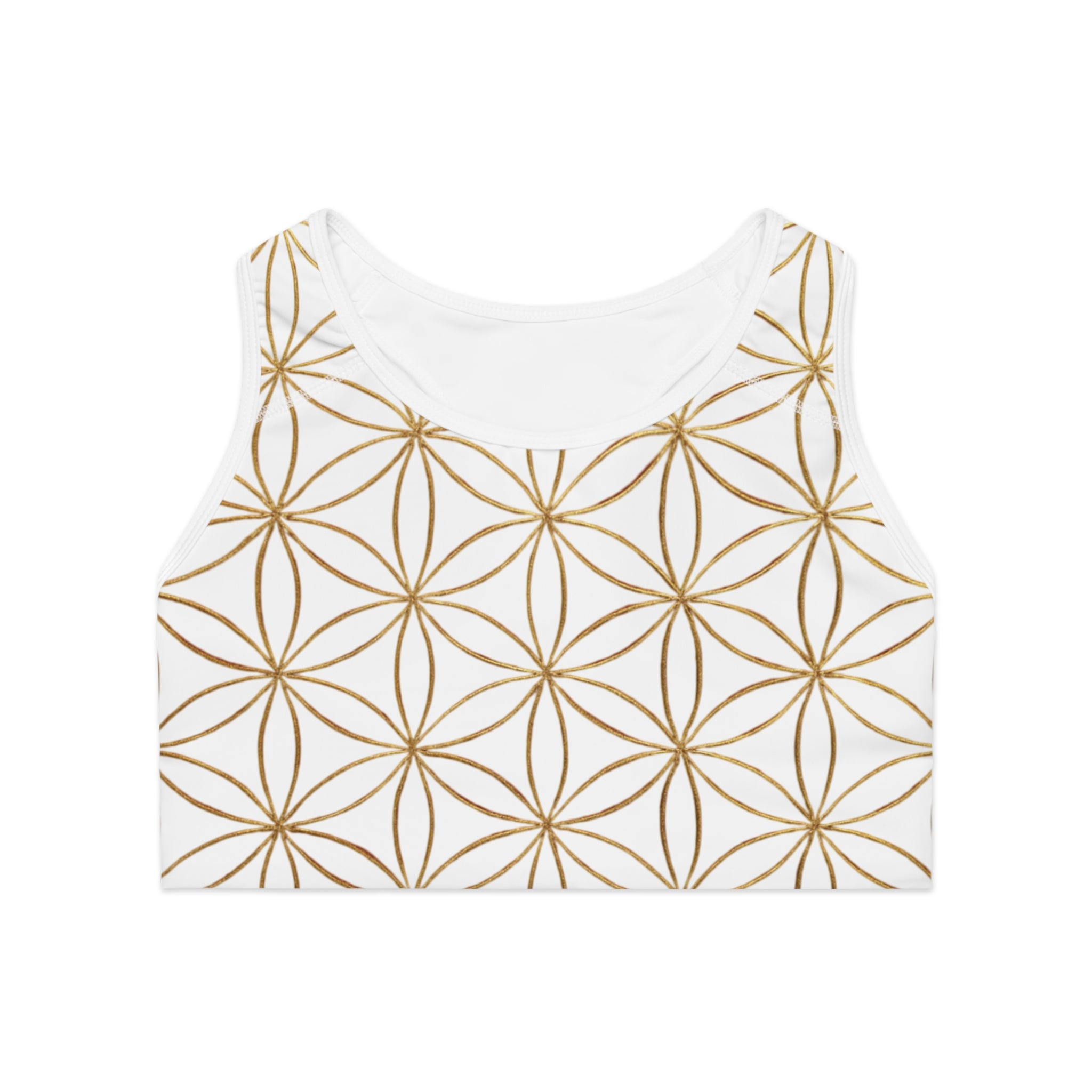 Bozz Queen White & Gold Flower of Life Sports Bra - Yoga Workout Top