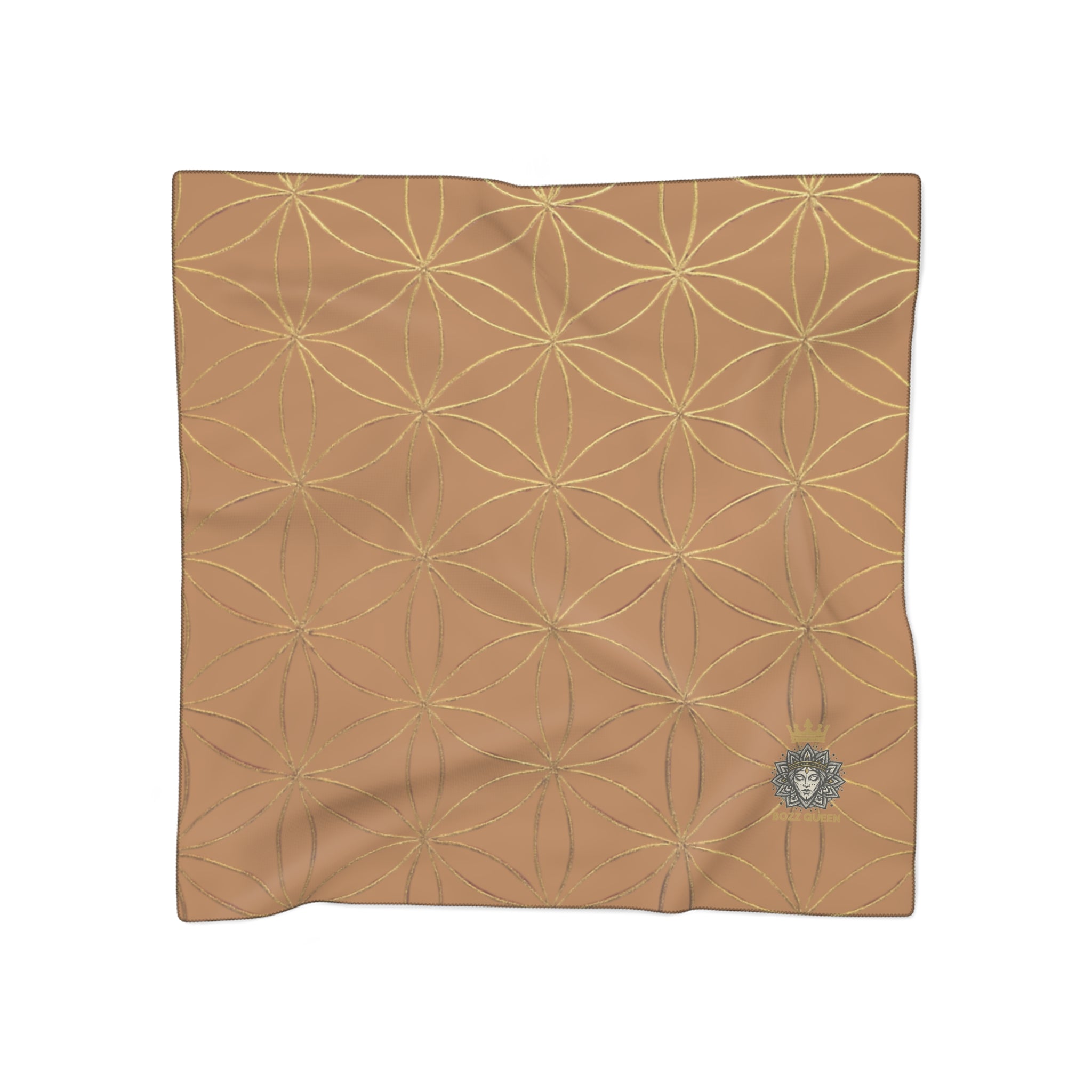 Bozz Queen Flower of Life Scarf - Light Brown & Gold Elegant Lightweight Poly Scarf