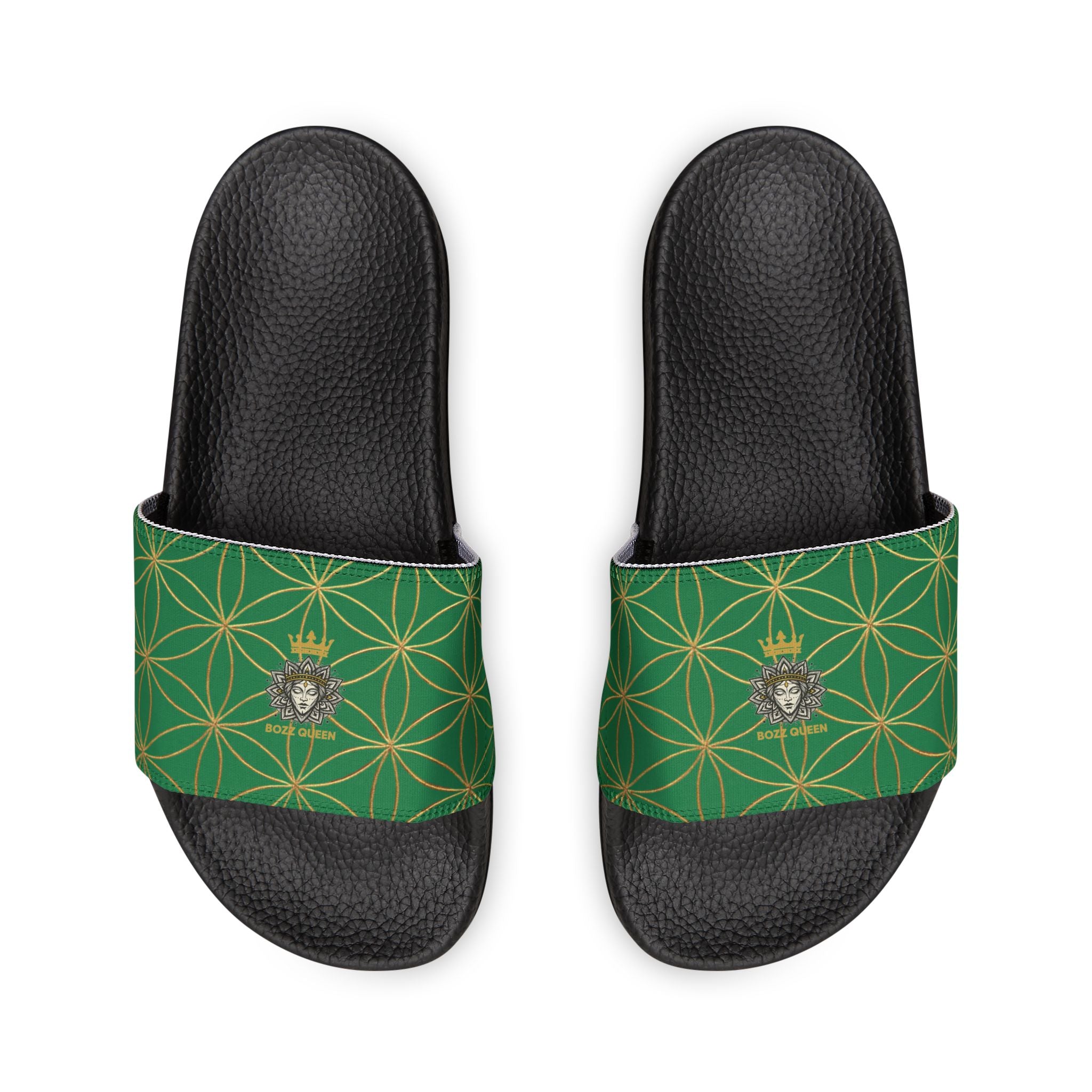 Bozz Queen Dark Green Flower of Life Women's Sandals - Removable Strap Beach Slides