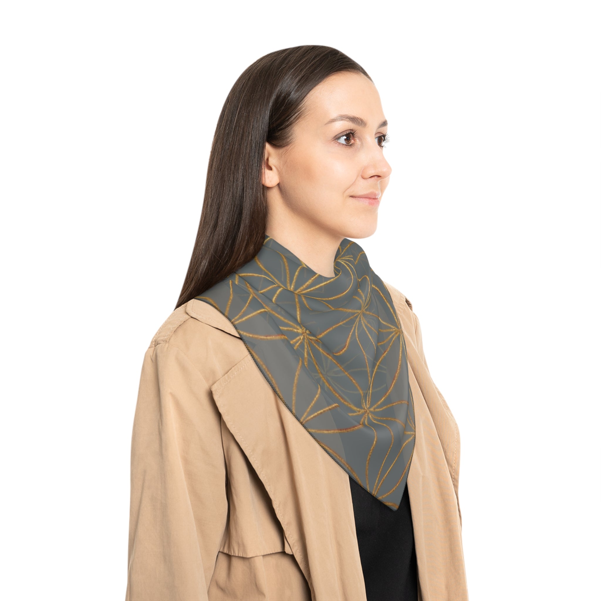 Bozz Queen Flower of Life Scarf - Dark Grey & Gold Elegant Lightweight Poly Scarf