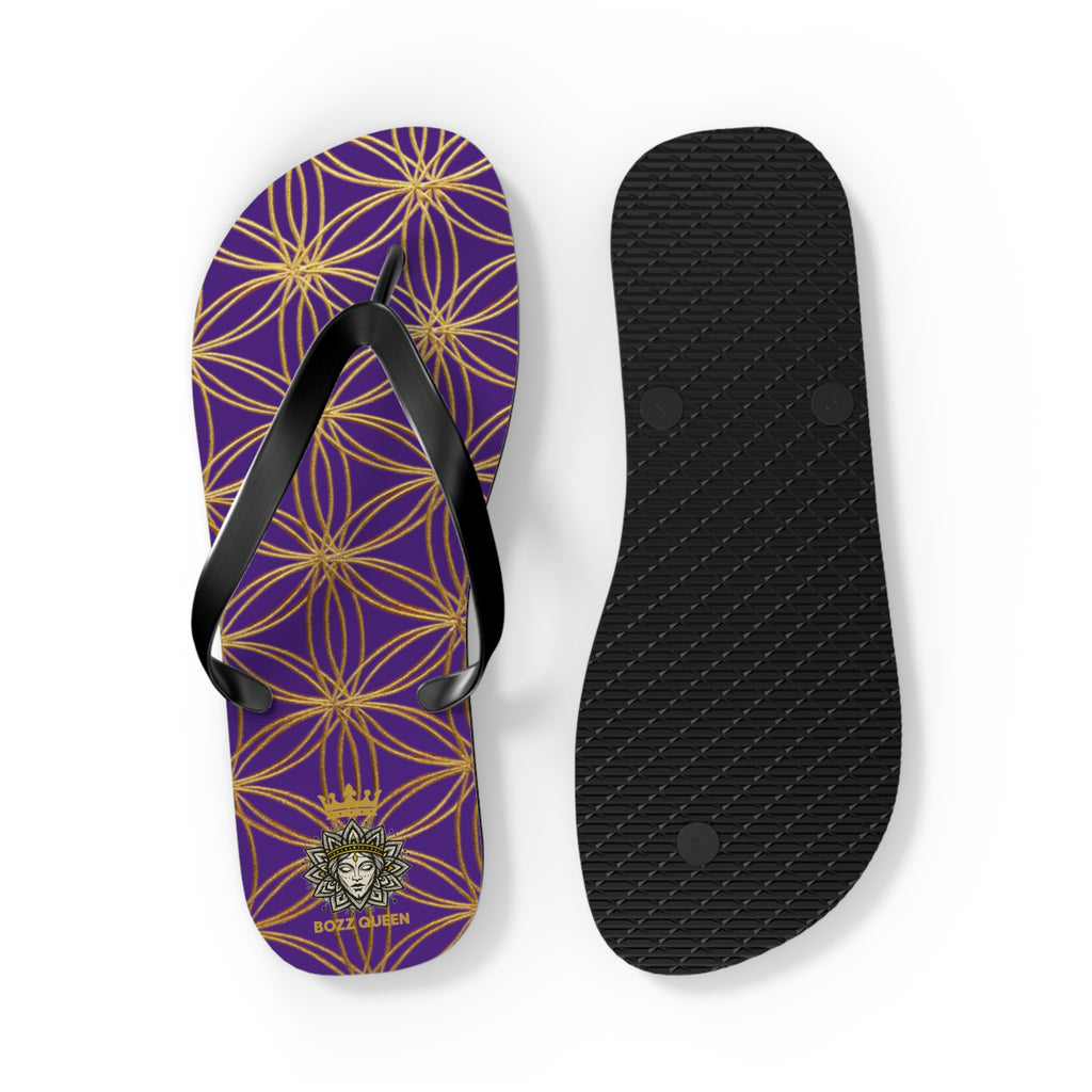 Bozz Queen Purple & Gold Flower of Life Flip Flops - Elegant Beach Sandals