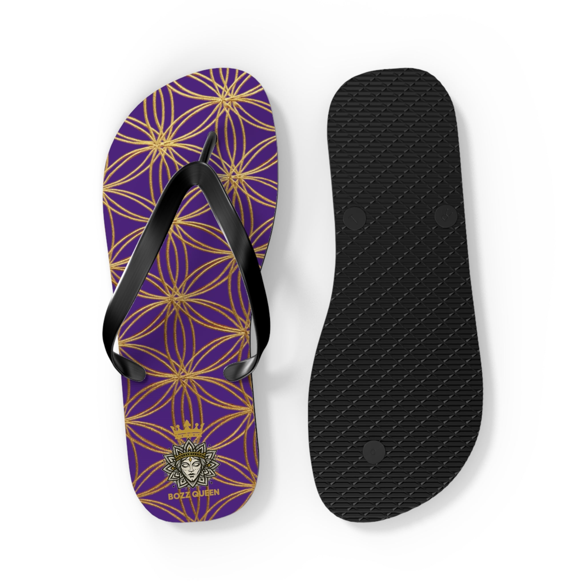 Bozz Queen Purple & Gold Flower of Life Flip Flops - Elegant Beach Sandals