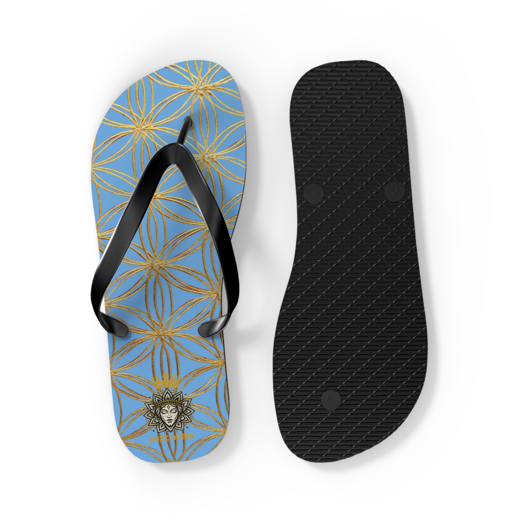 Bozz Queen Light Blue & Gold Flower of Life Flip Flops - Elegant Beach Sandals