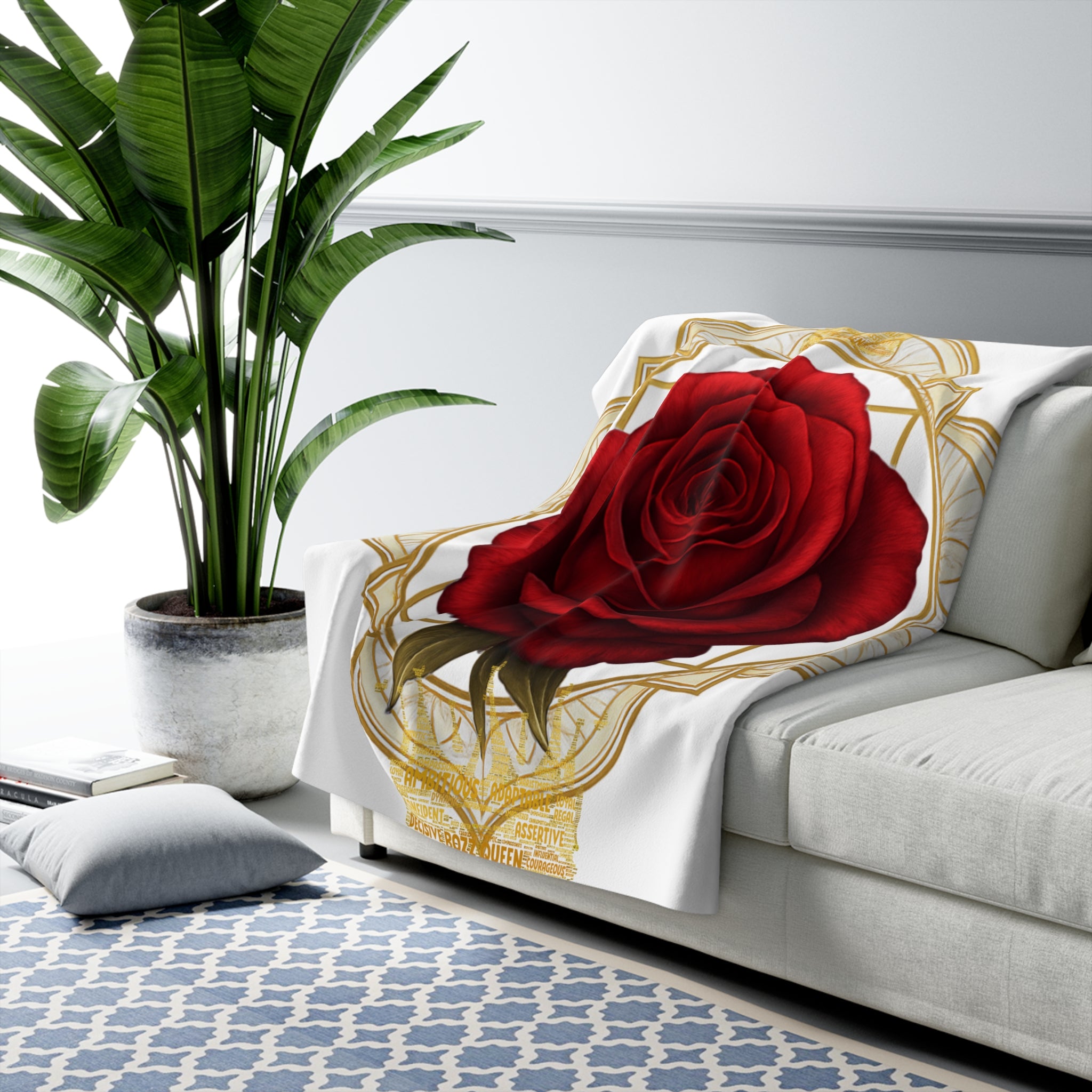 Root Chakra Red Sherpa Blanket with Golden Rose - Grounding & Security