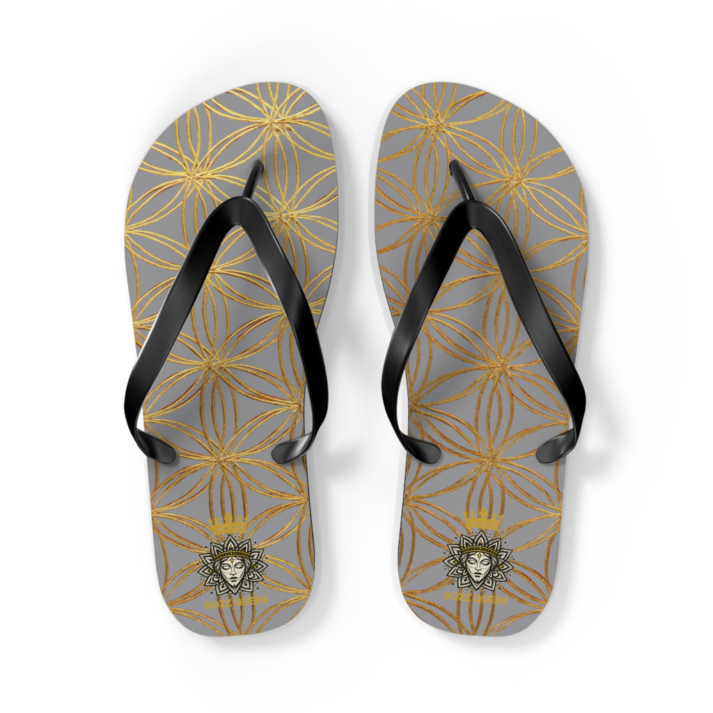 Bozz Queen Grey & Gold Flower of Life Flip Flops - Elegant Beach Sandals