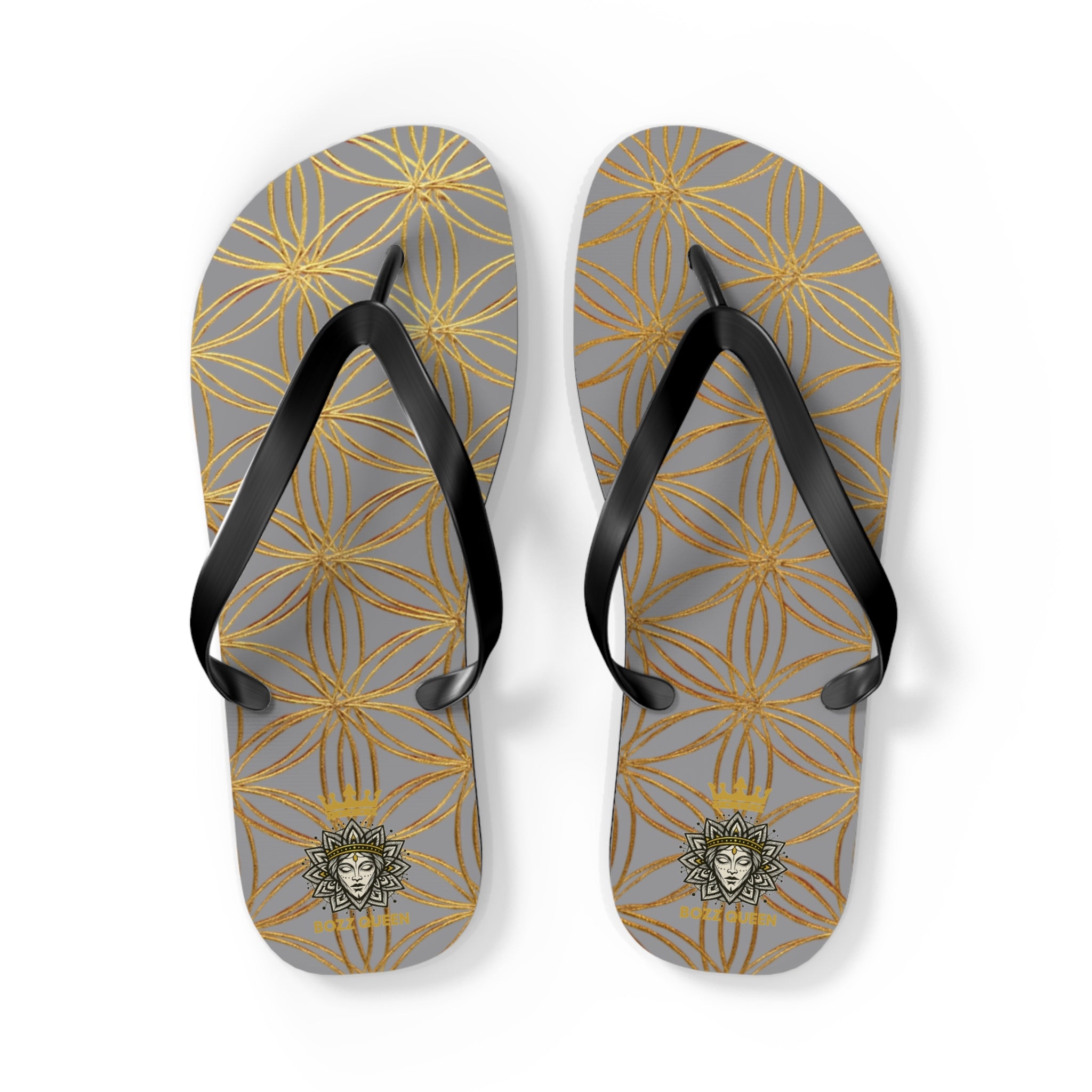 Bozz Queen Grey & Gold Flower of Life Flip Flops - Elegant Beach Sandals