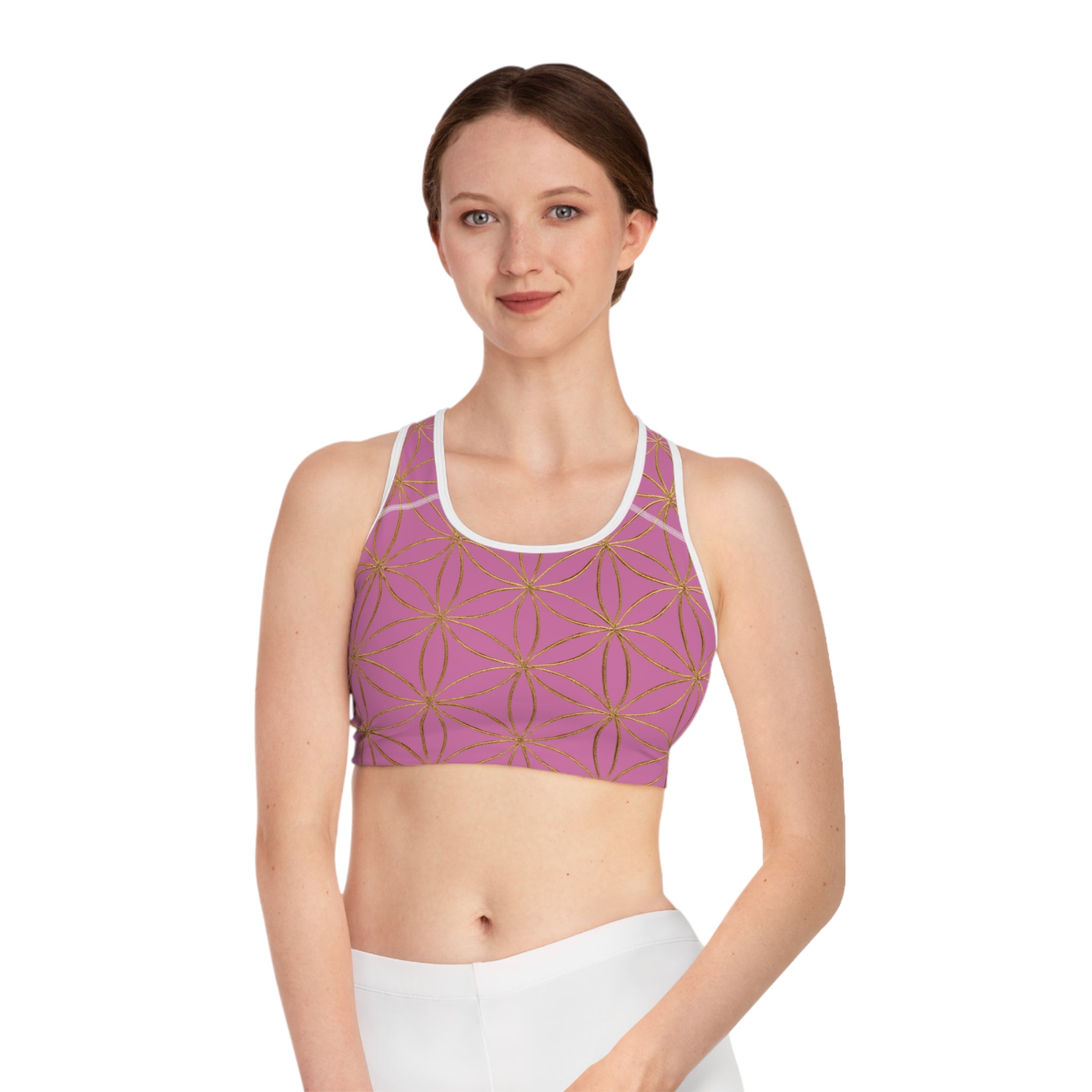 Bozz Queen Light Pink & Gold Flower of Life Sports Bra - Yoga Workout Top
