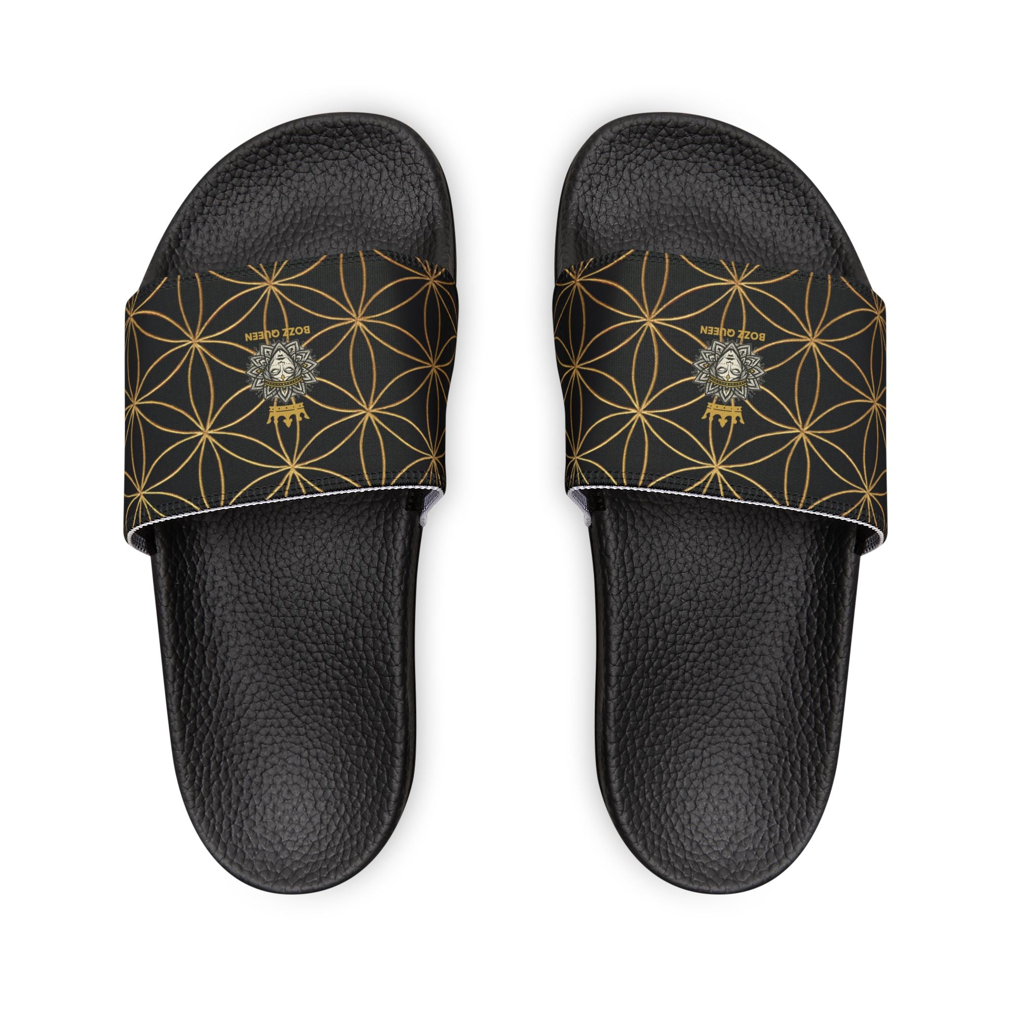 Bozz Queen Black Flower of Life Women's Sandals - Removable Strap Beach Slides