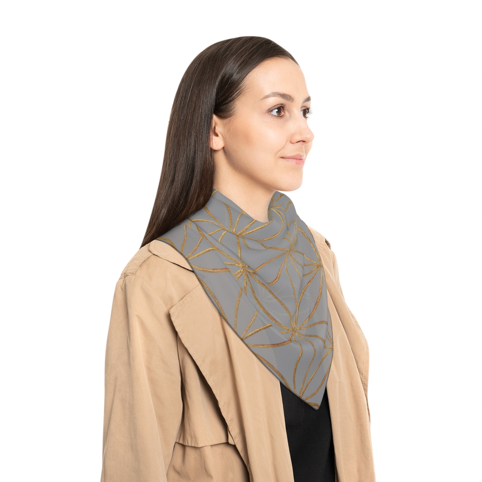 Bozz Queen Flower of Life Scarf - Grey & Gold Elegant Lightweight Poly Scarf