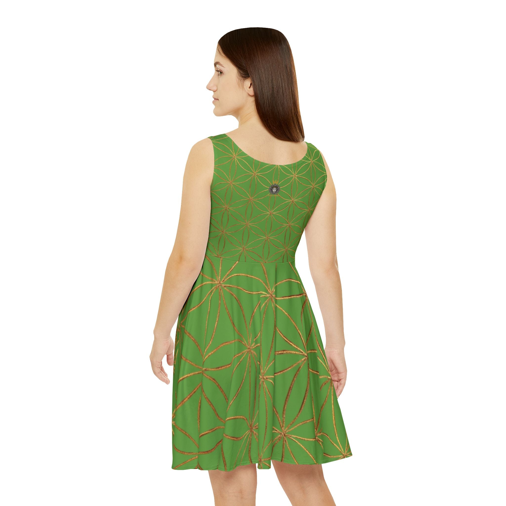 Green Flower of Life Skater Dress - Women's Floral Gold Print Summer Dress