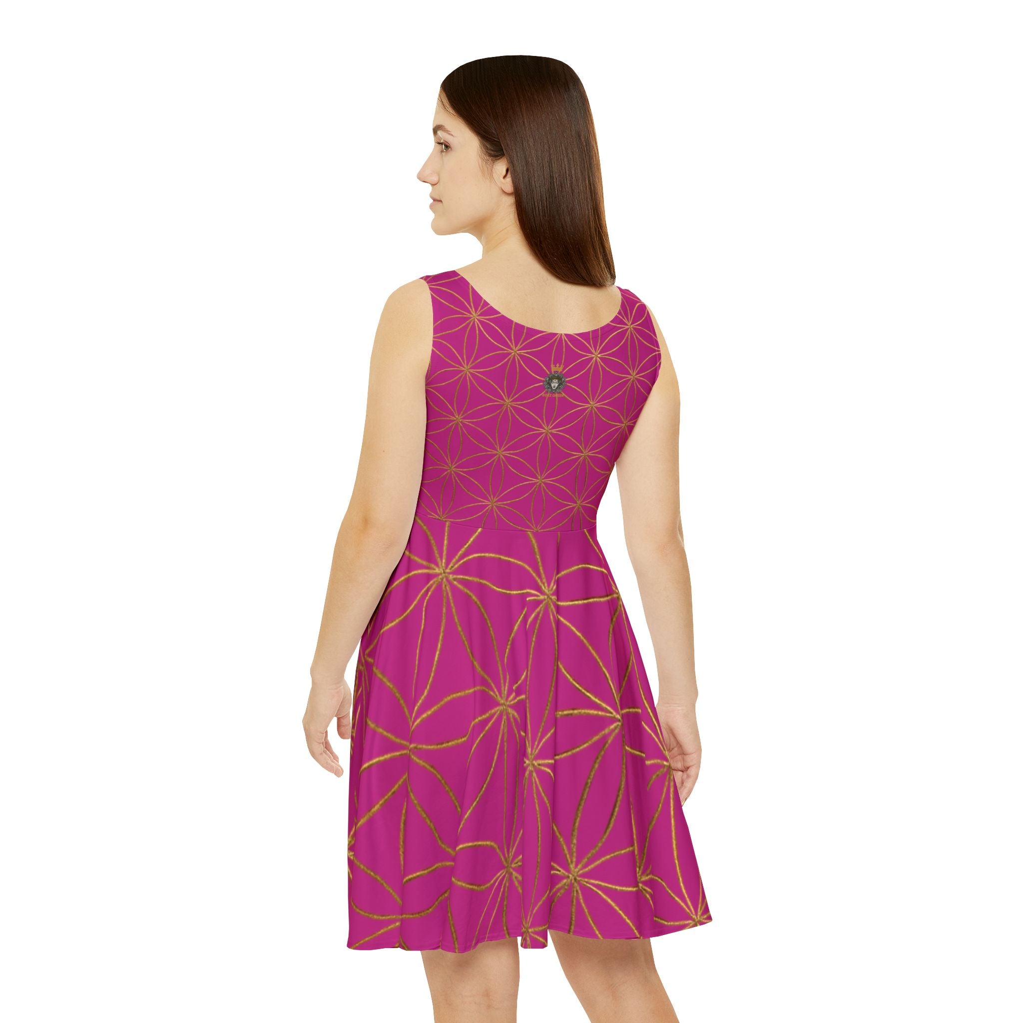 Pink Flower of Life Skater Dress - Women's Floral Gold Print Summer Dress