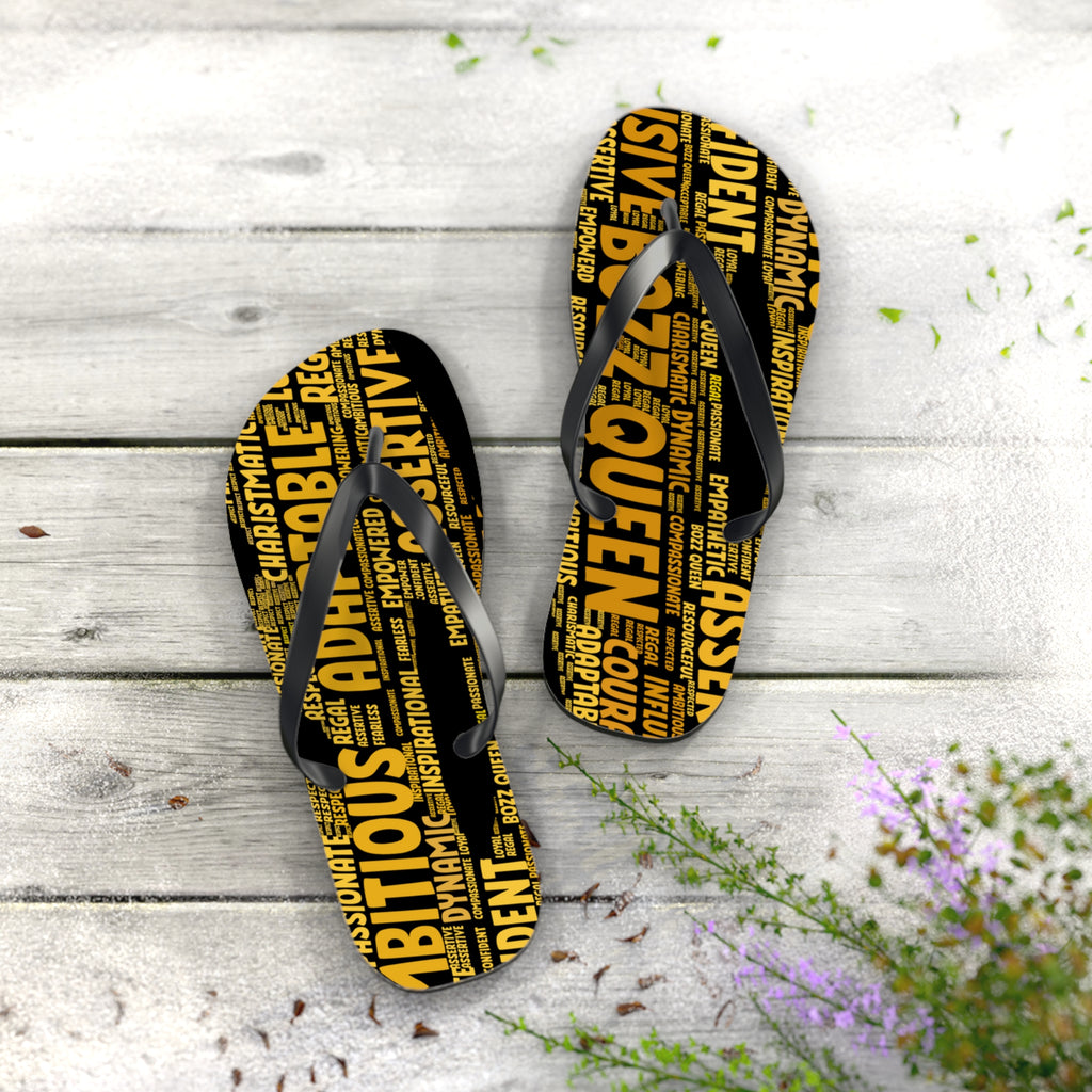 Bozz Queen Black & Gold Bold Statement Flip Flops - Tropical Beach Sandals