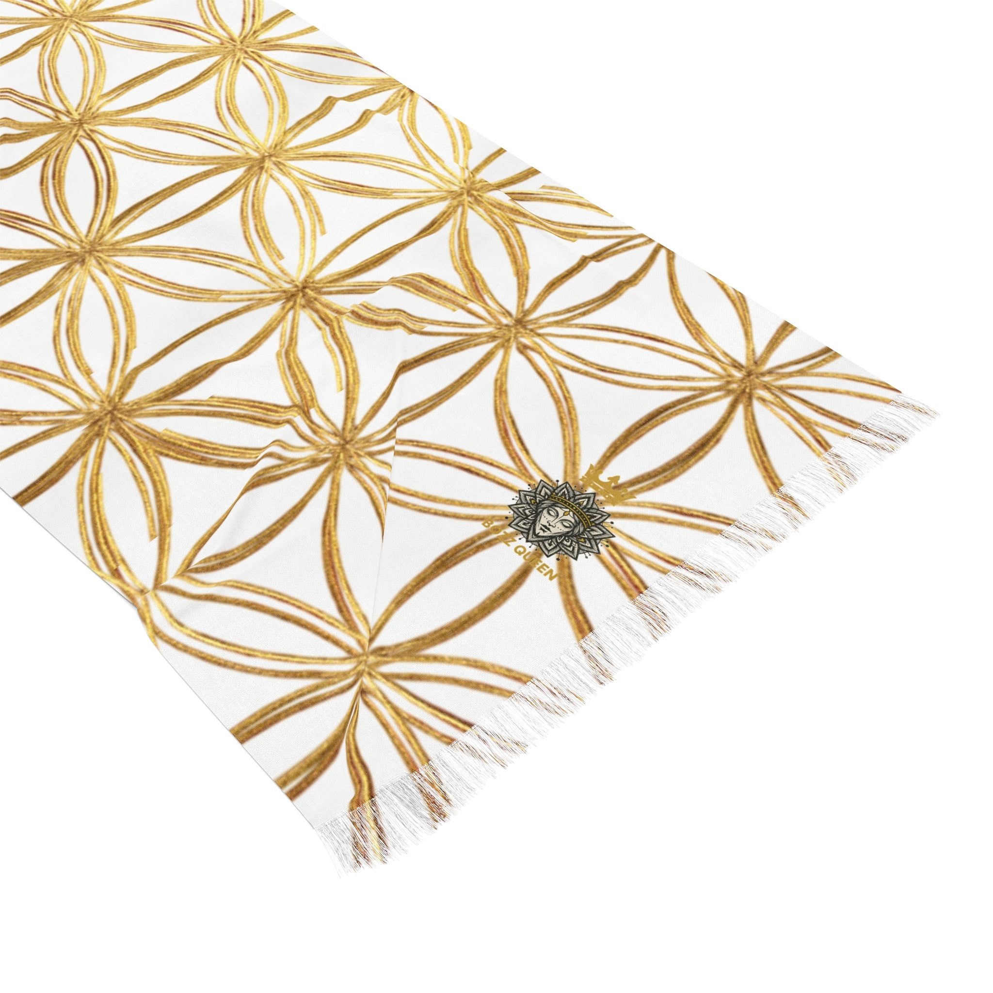 Bozz Queen Flower of Life Scarf - White & Gold Elegant Lightweight Poly Scarf