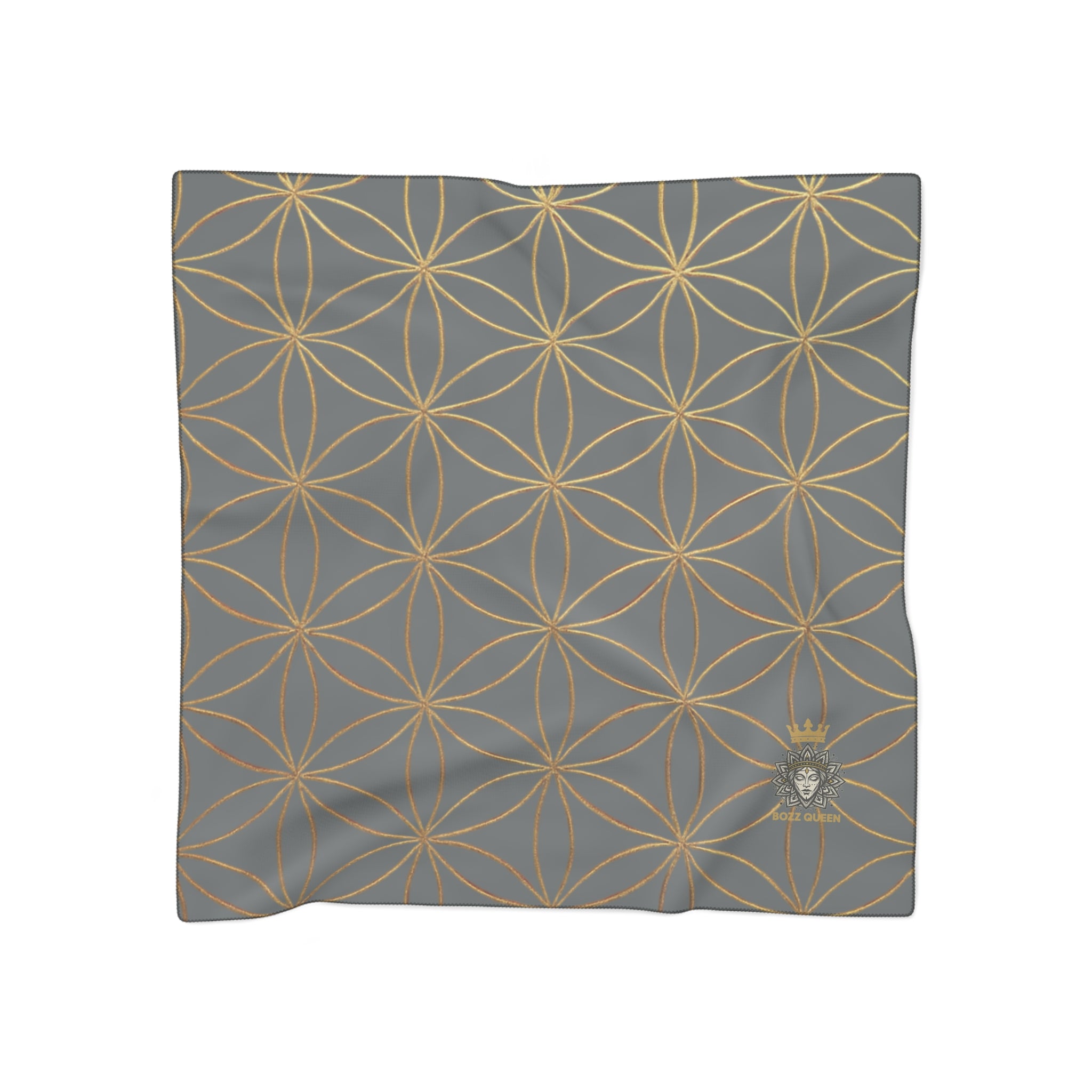 Bozz Queen Flower of Life Scarf - Dark Grey & Gold Elegant Lightweight Poly Scarf