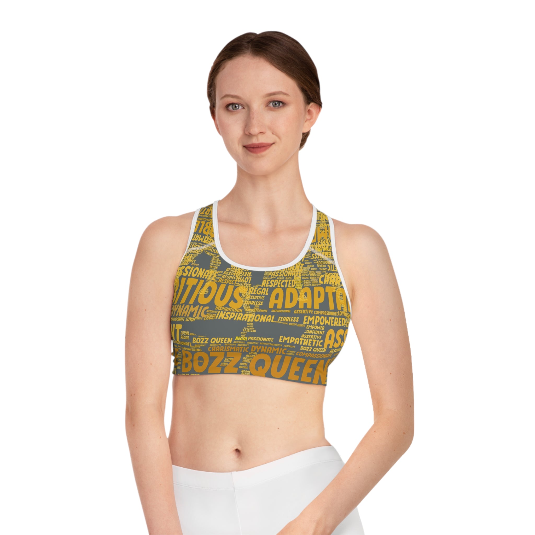 Empowered Words Sports Bra - Bozz Queen Origin Collection | Dark Grey & Yellow