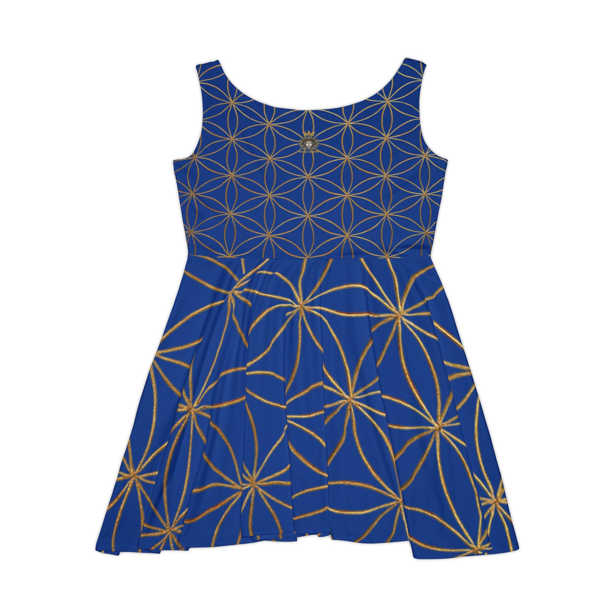 Dark Blue Flower of Life Skater Dress - Women's Floral Gold Print Summer Dress
