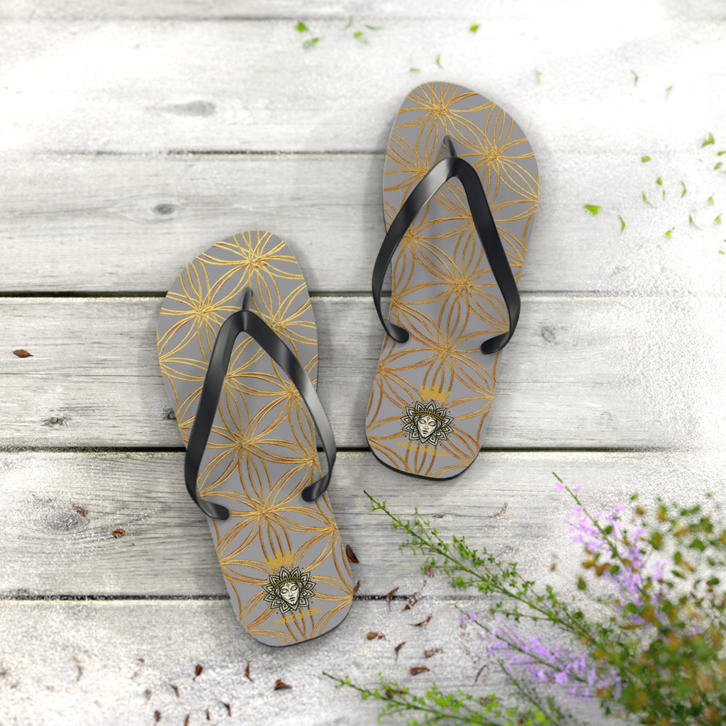Bozz Queen Grey & Gold Flower of Life Flip Flops - Elegant Beach Sandals