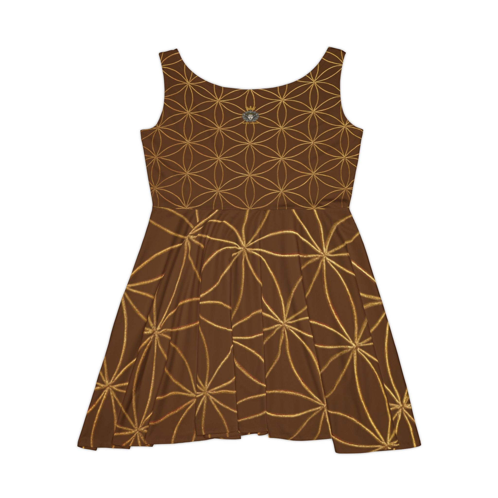 Brown Flower of Life Skater Dress - Women's Floral Gold Print Summer Dress