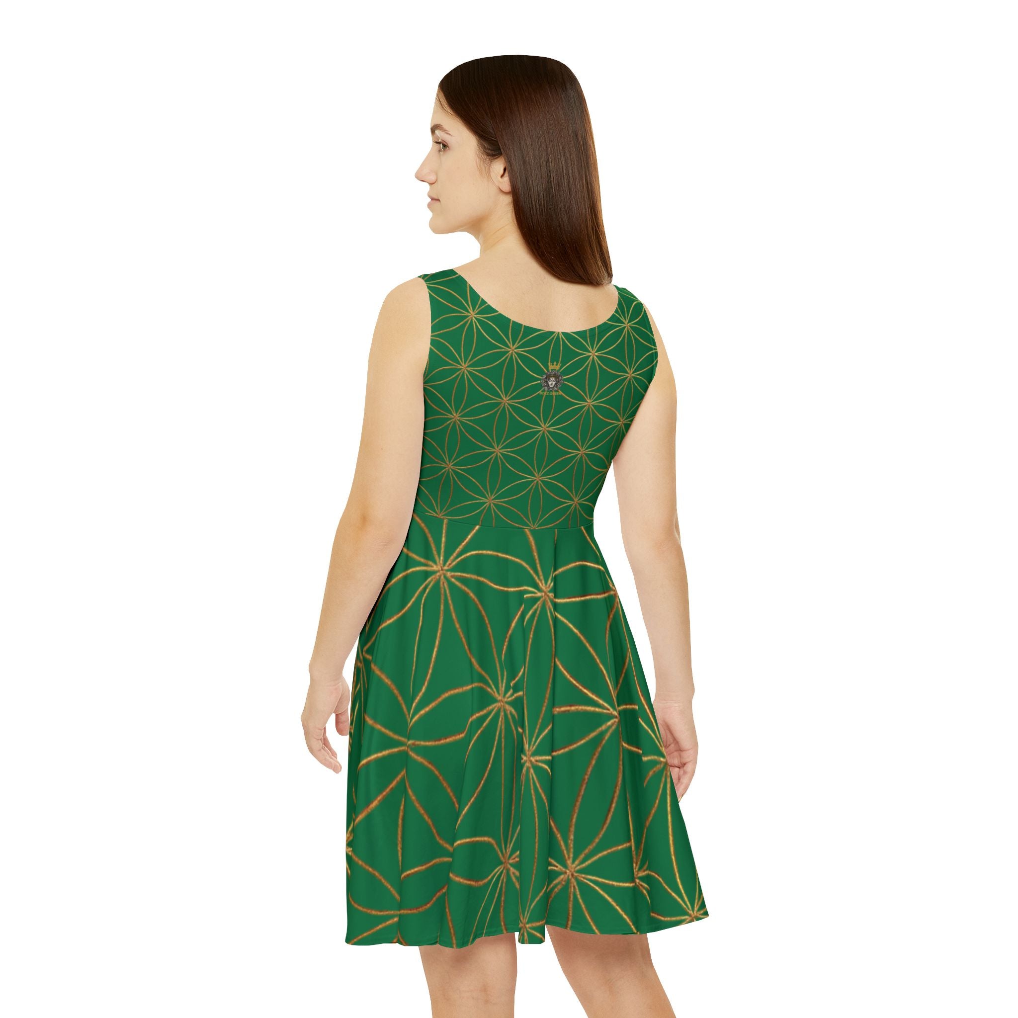 Dark Green Flower of Life Skater Dress - Women's Floral Gold Print Summer Dress
