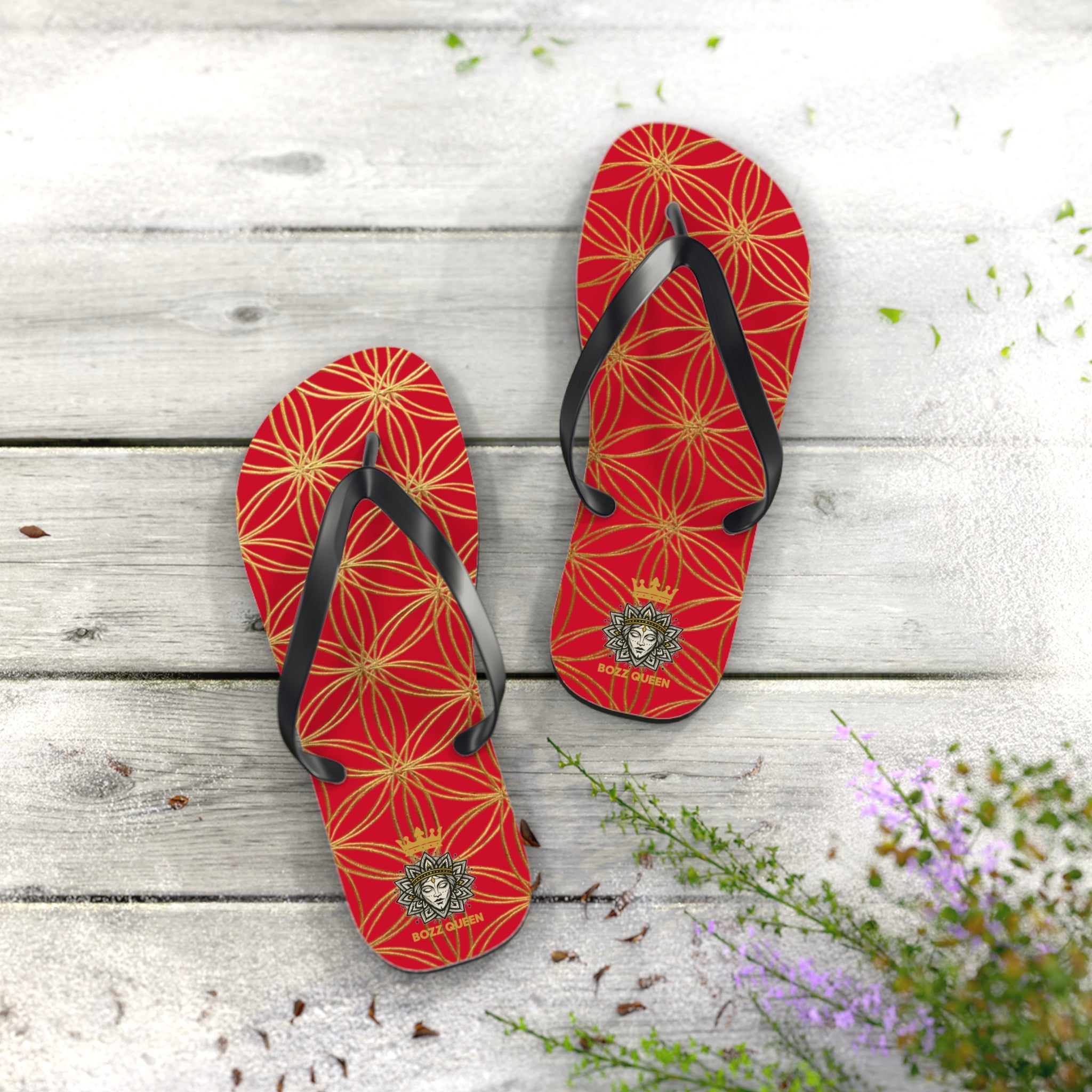 Bozz Queen Dark Red & Gold Flower of Life Flip Flops - Elegant Beach Sandals
