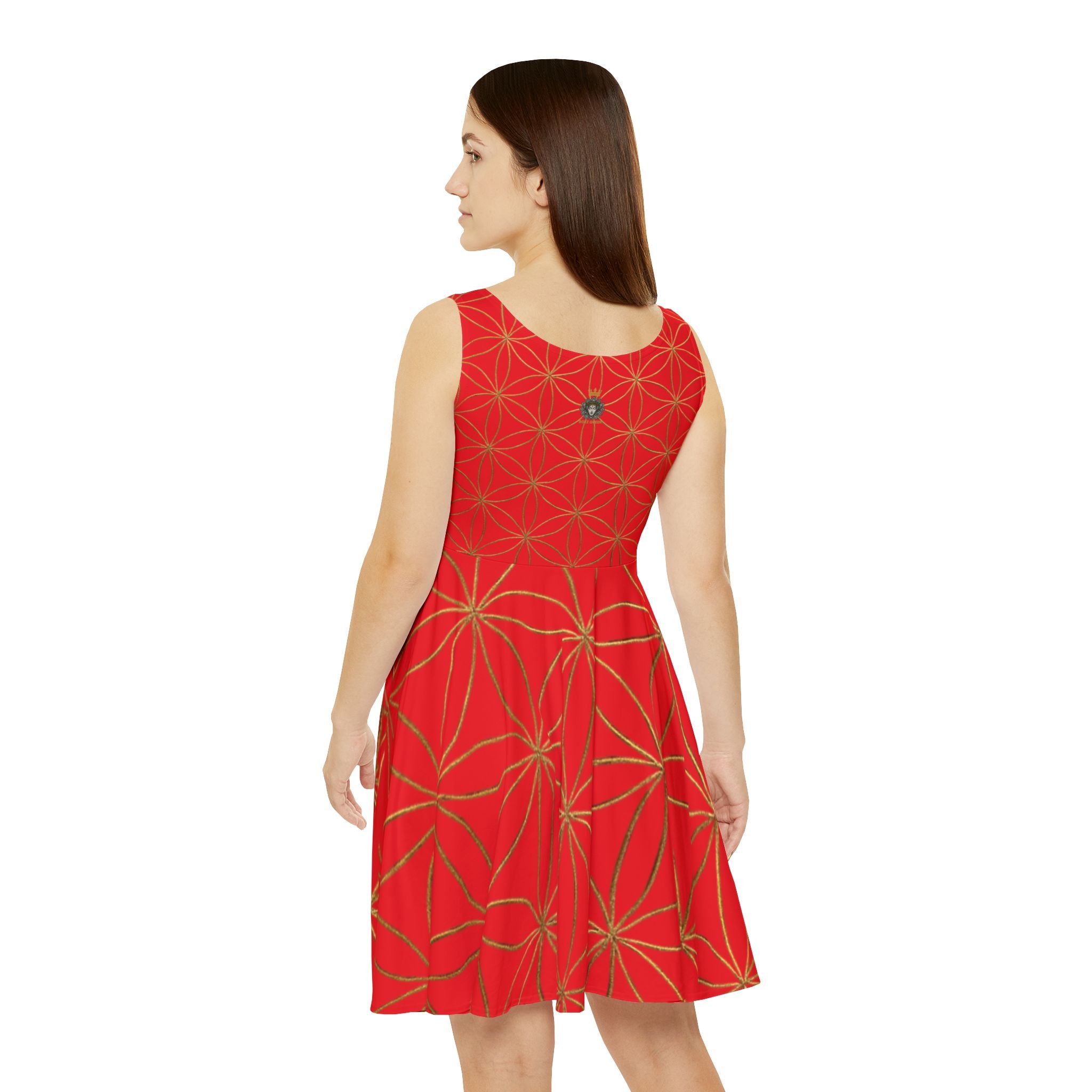 Red Flower of Life Skater Dress - Women's Floral Gold Print Summer Dress