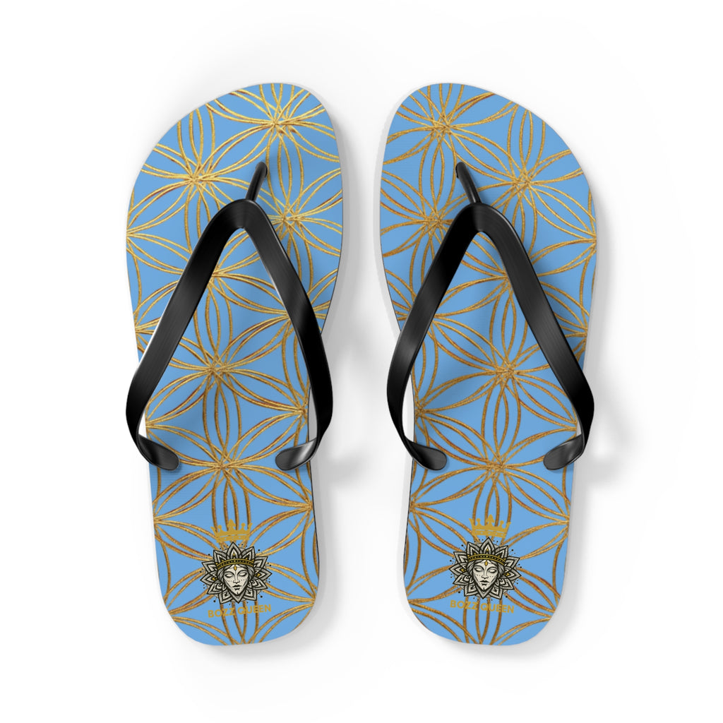 Bozz Queen Light Blue & Gold Flower of Life Flip Flops - Elegant Beach Sandals