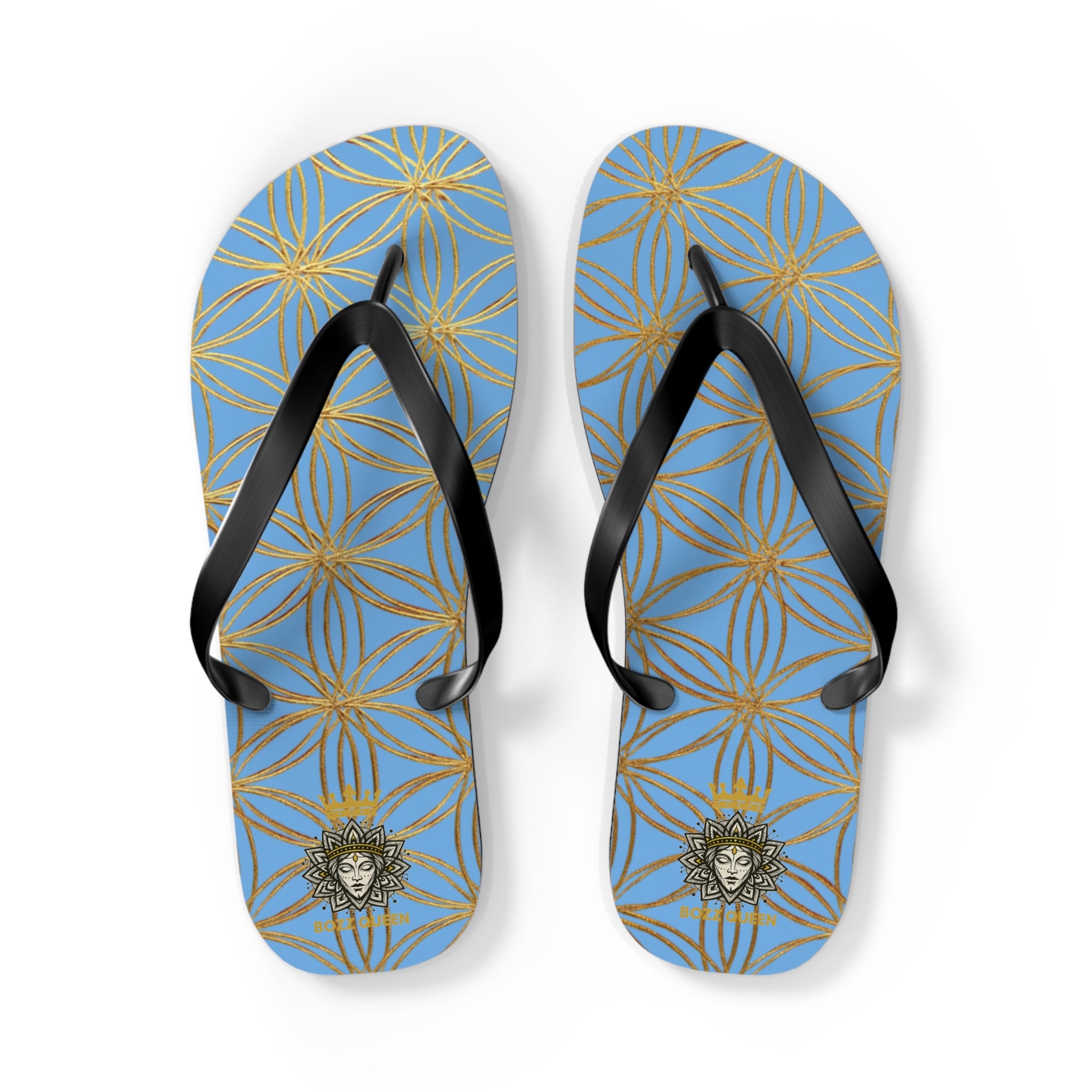 Bozz Queen Light Blue & Gold Flower of Life Flip Flops - Elegant Beach Sandals